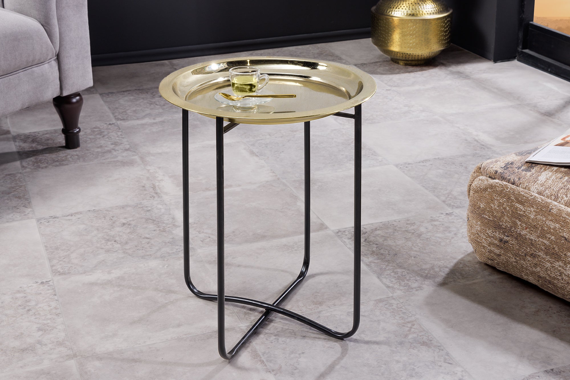 Table d'appoint ronde CASABLANCA 50cm laiton doré noir plateau amovible pliable