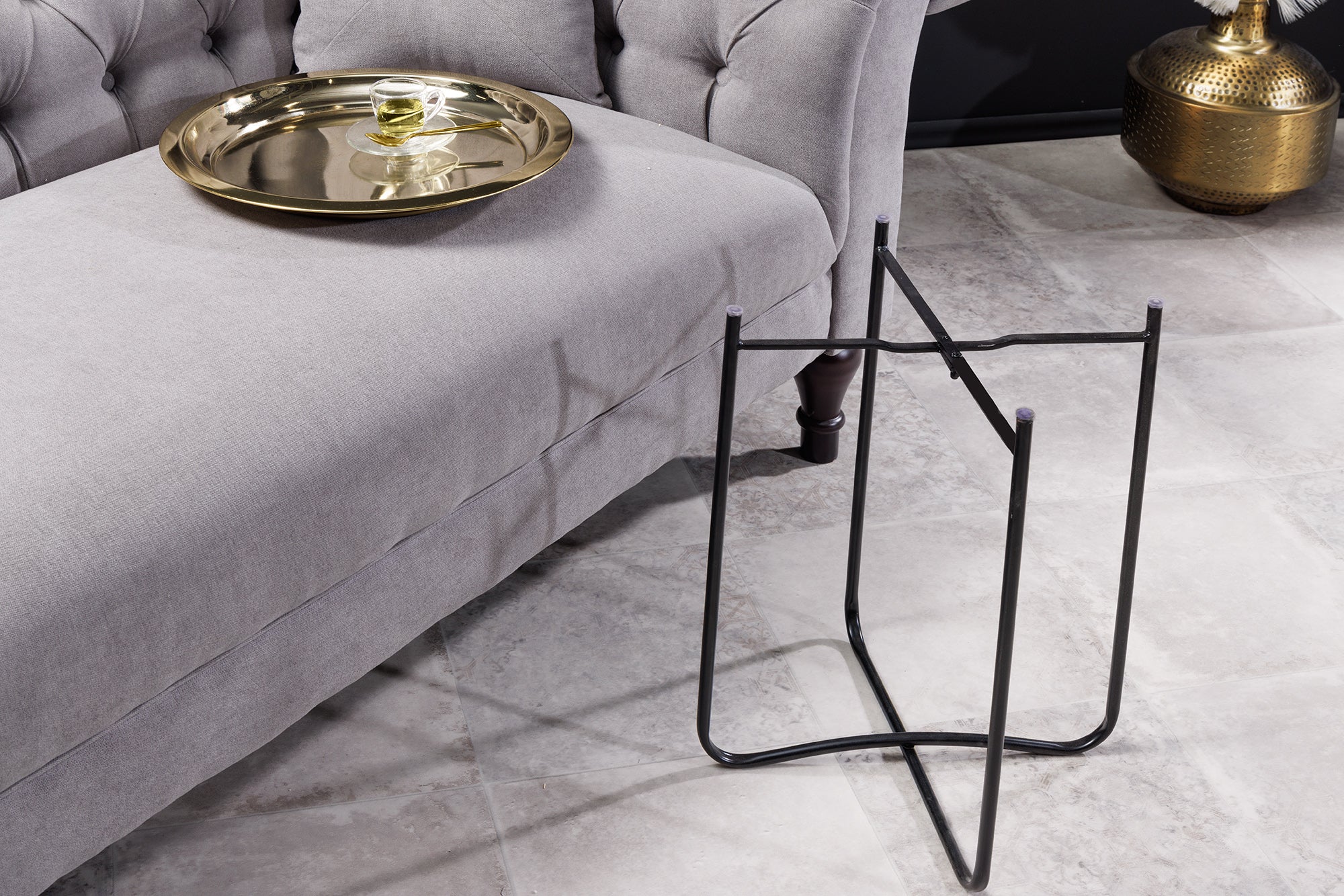 Table d'appoint ronde CASABLANCA 50cm laiton doré noir plateau amovible pliable