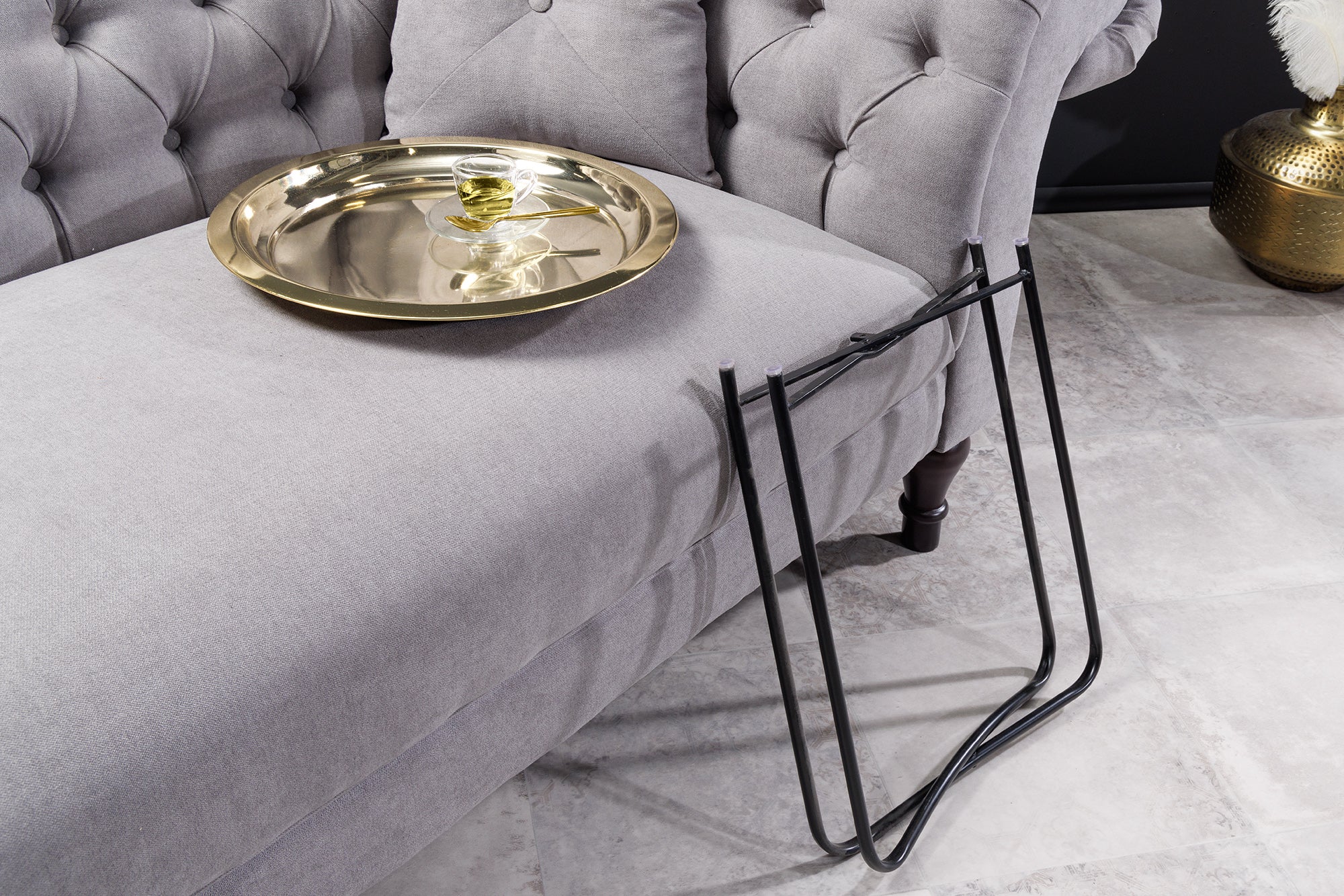 Table d'appoint ronde CASABLANCA 50cm laiton doré noir plateau amovible pliable
