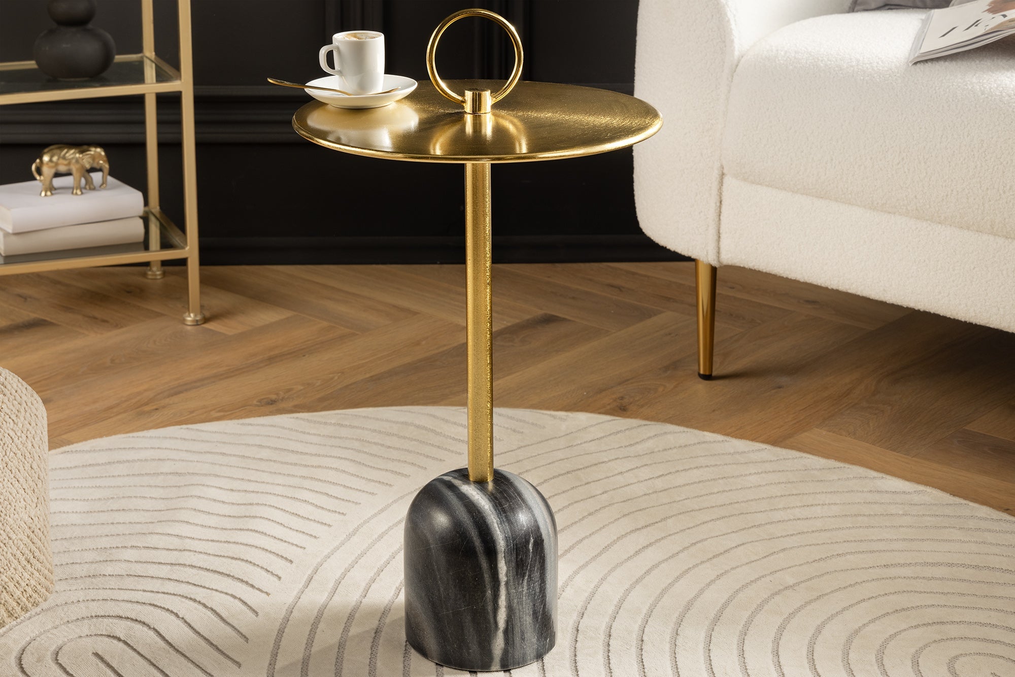 ELEGANCE Mesa auxiliar redonda de 60 cm de hierro dorado y mármol artesanal