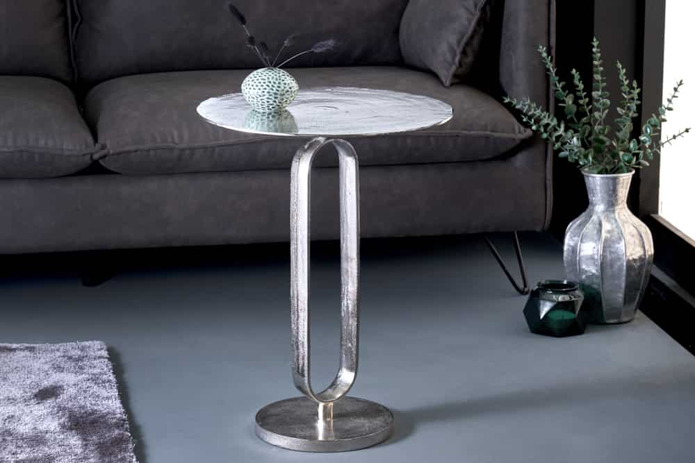 Table d’appoint ronde ELEGANCE 60cm métal argenté aluminium fait main