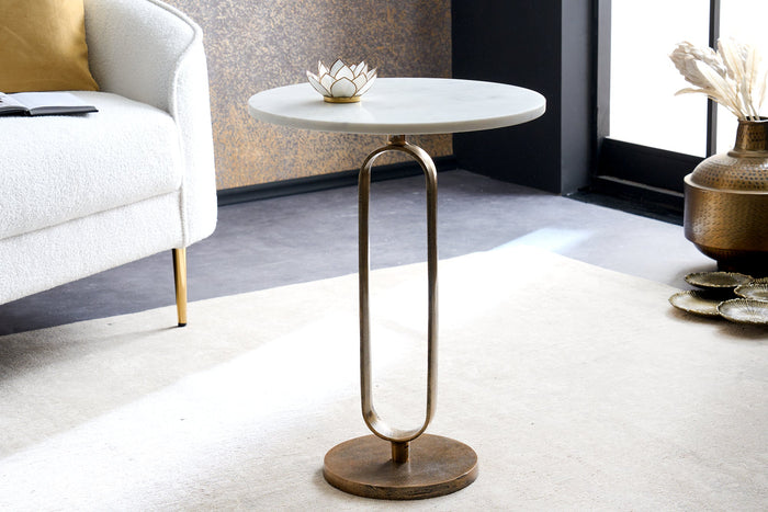 Table d'appoint ronde ELEGANCE 60cm or blanc marbre antique métal aluminium fait main