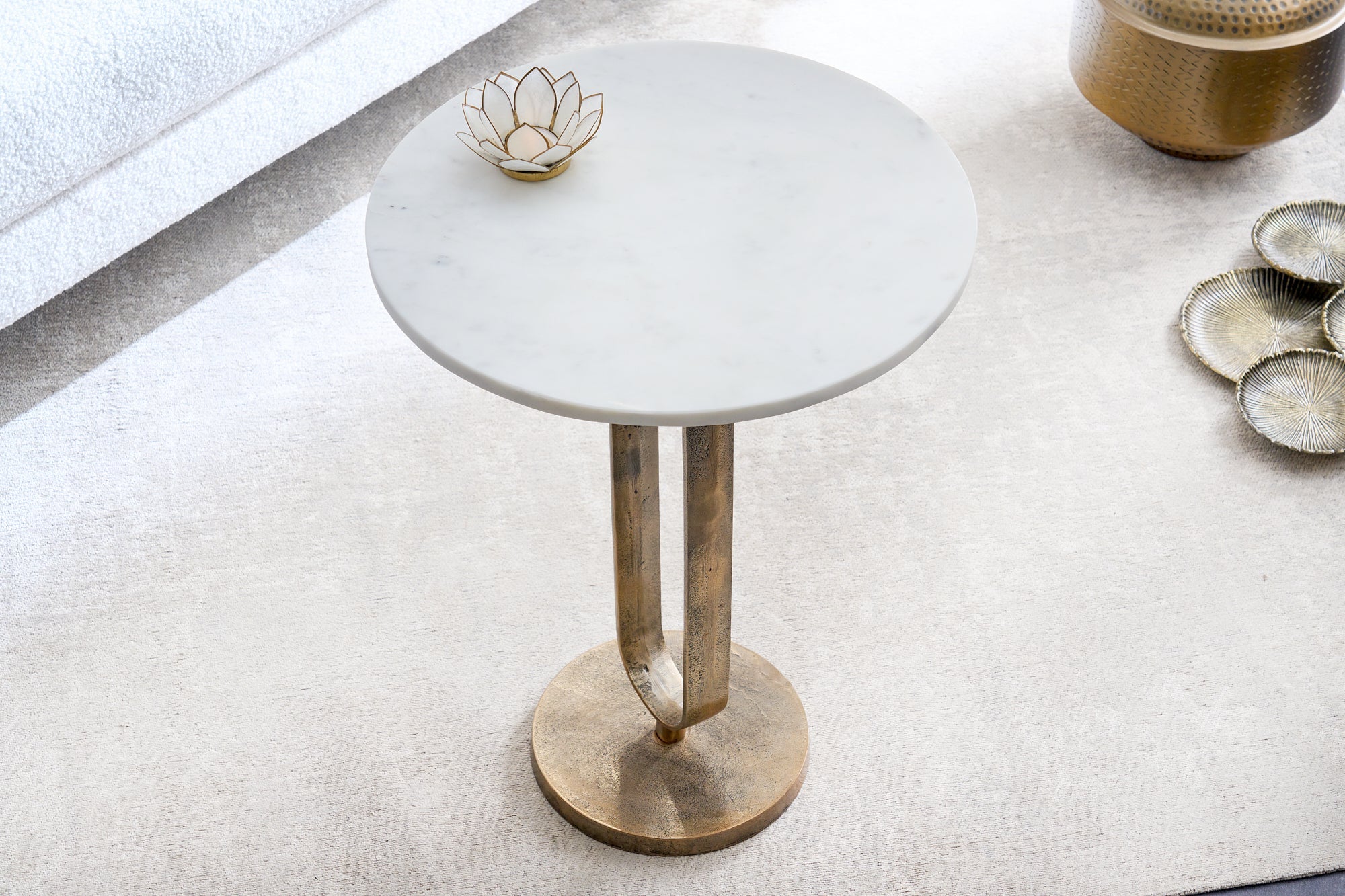 ELEGANCE mesa auxiliar redonda 60cm oro blanco mármol antiguo metal aluminio hecho a mano