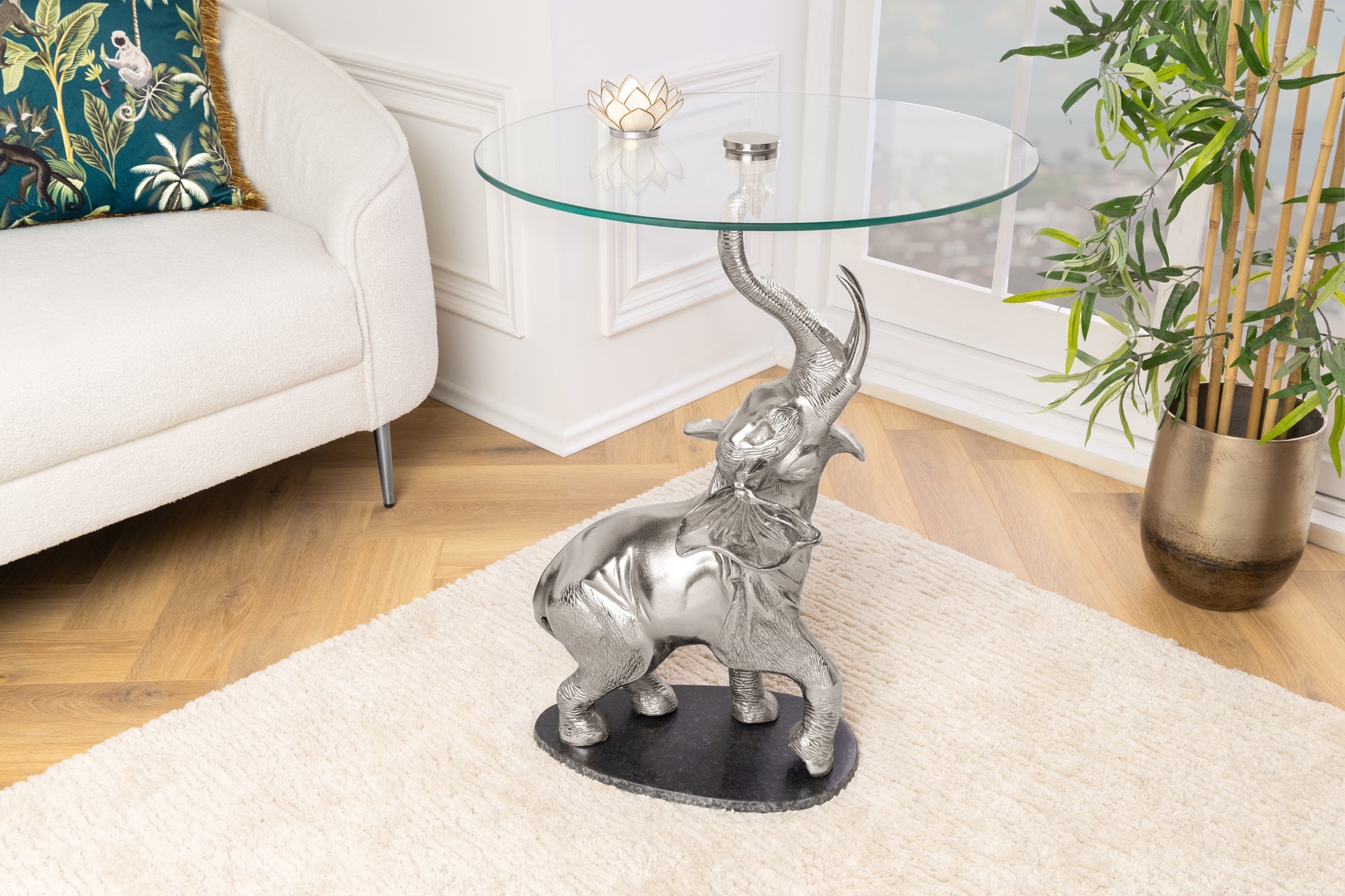 ELEFANTE mesa auxiliar redonda 80cm metal plateado cristal marmol escultura hecha a mano