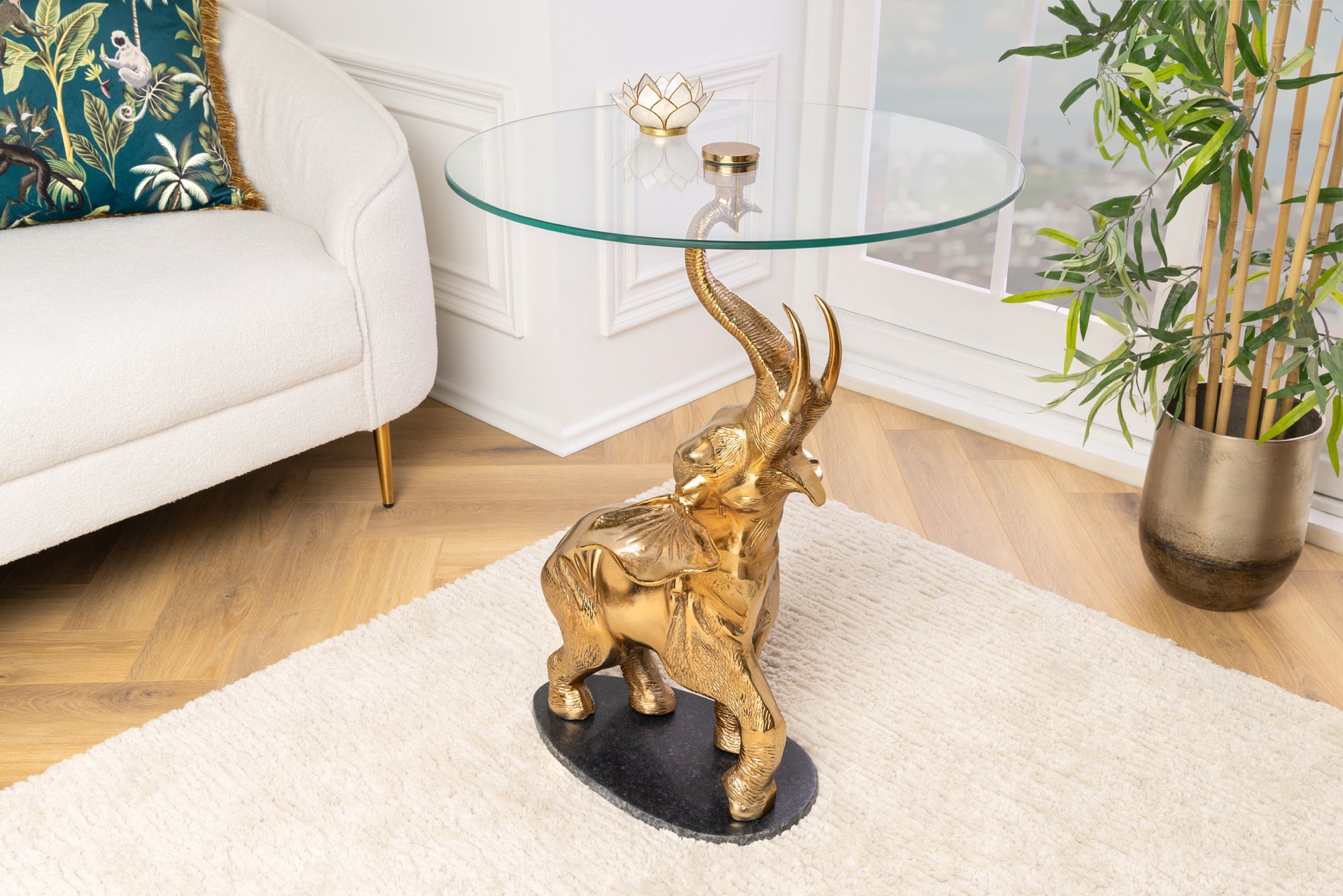 ELEFANTE mesa auxiliar redonda 80cm metal dorado cristal marmol escultura hecha a mano