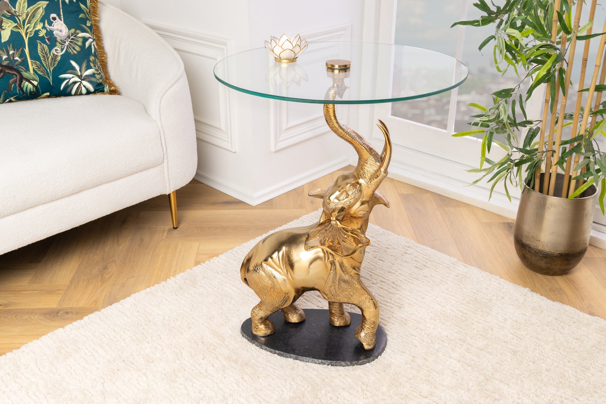 ELEFANTE mesa auxiliar redonda 80cm metal dorado cristal marmol escultura hecha a mano