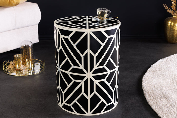 Table d'appoint ronde en marqueterie d'os HARMONY NATURE 45 cm, noire et blanche, fabriquée à la main