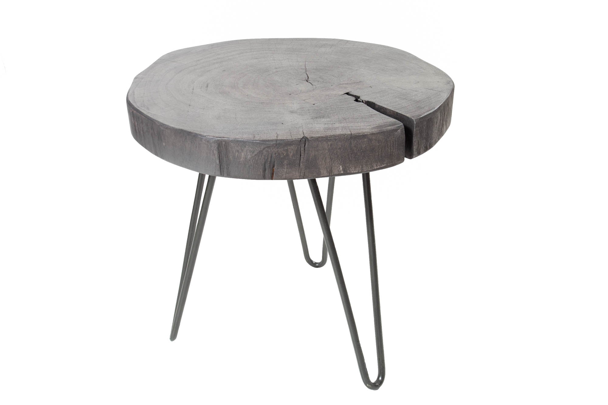 Mesa auxiliar redonda GOA 45cm madera maciza de acacia disco gris patas metálicas de pasador