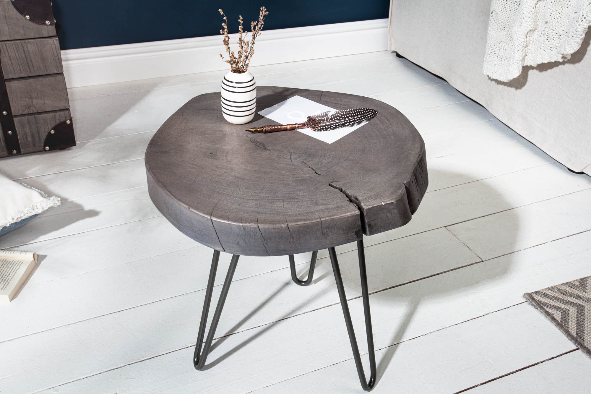 Mesa auxiliar redonda GOA 45cm madera maciza de acacia disco gris patas metálicas de pasador
