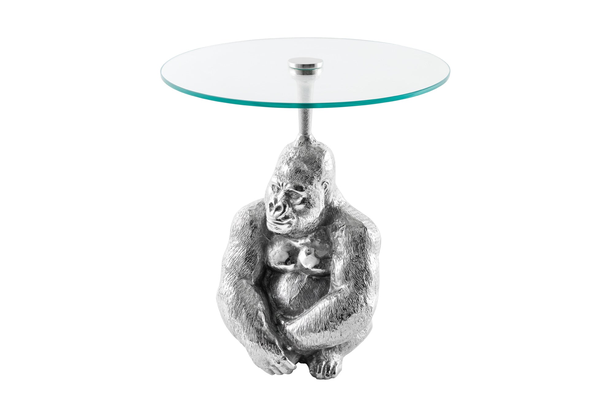 Table d’appoint ronde KONG 50cm métal argenté verre figurine singe sculpture gorille