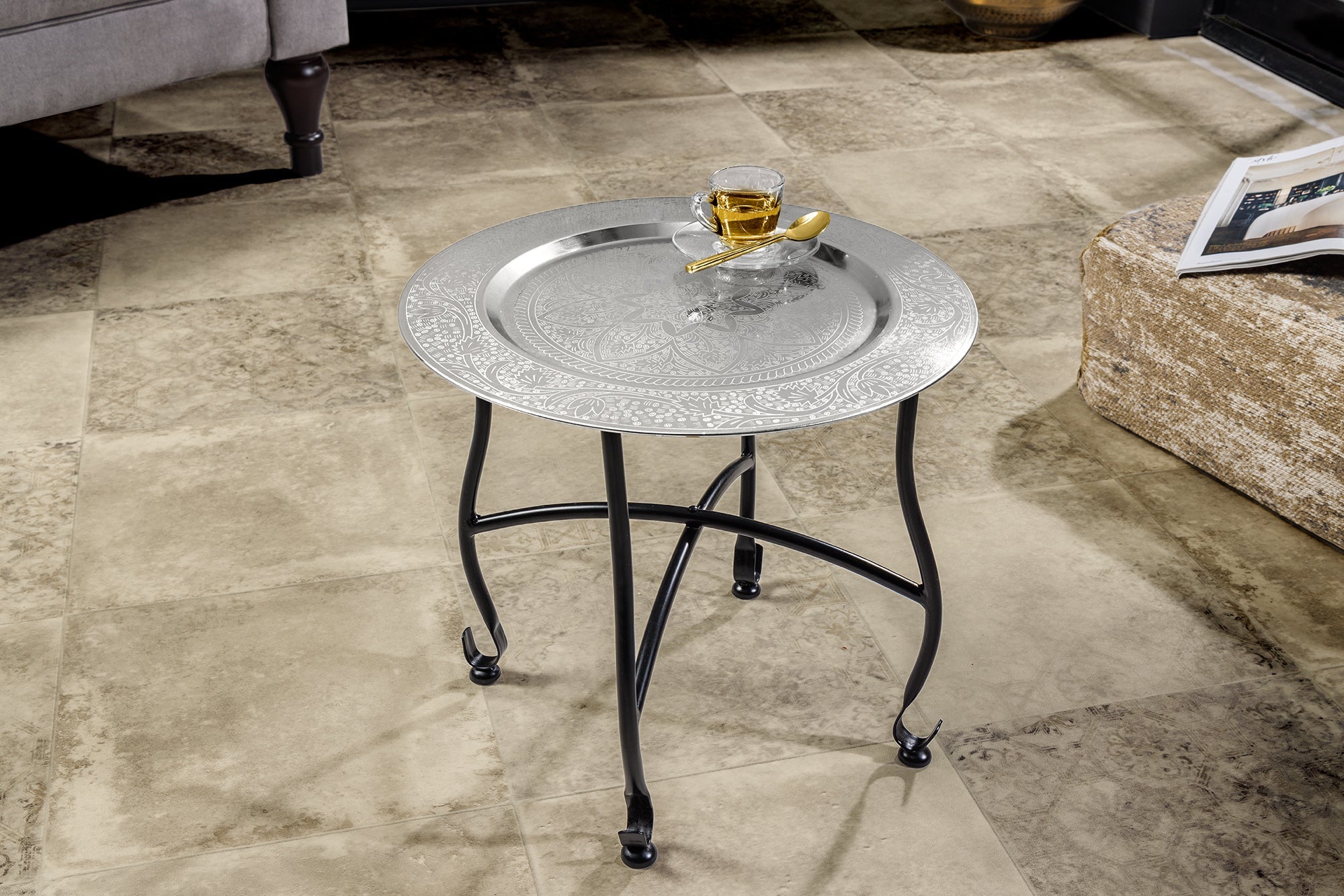 Table d'appoint ronde MARRAKESH 40cm table à thé argentée plateau amovible pliable