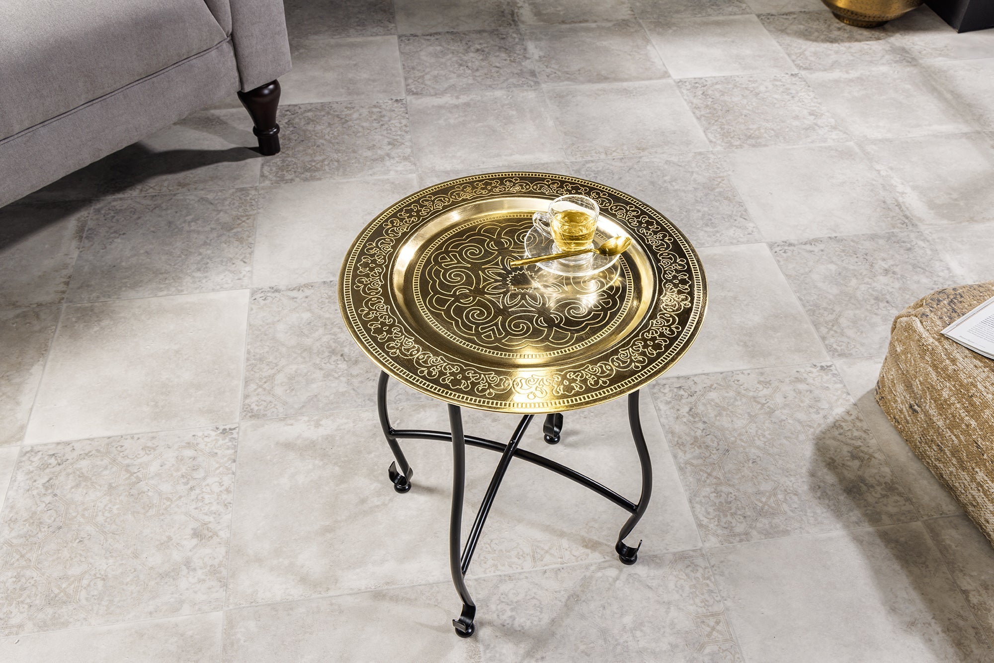 Table d'appoint ronde MARRAKESH 50cm en laiton doré table à thé plateau amovible pliable