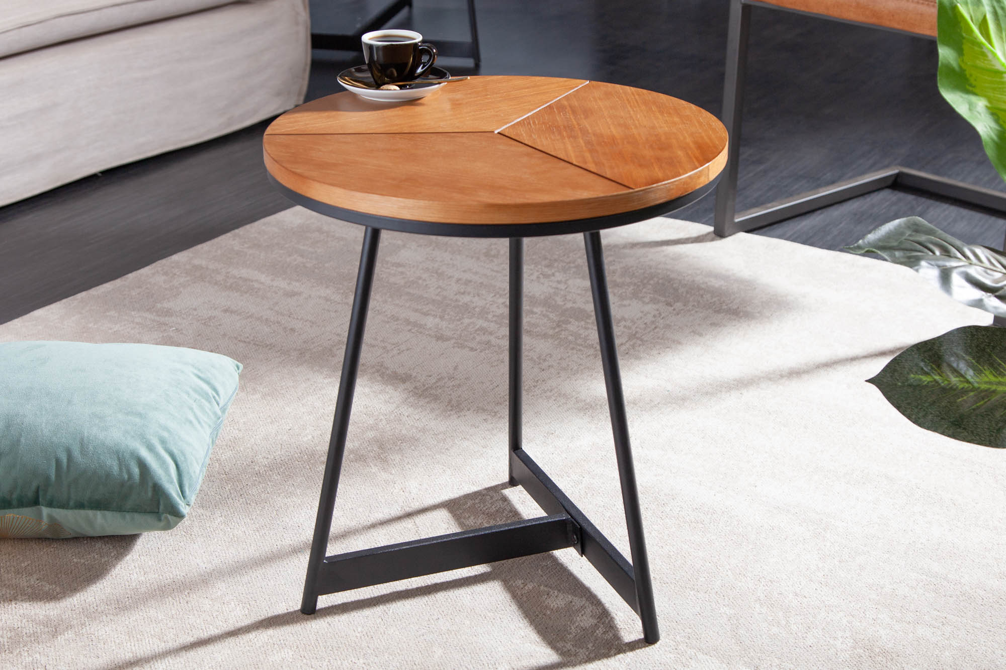 Mesa auxiliar redonda OAK ELEGANCE 45cm diseño roble negro estructura metal