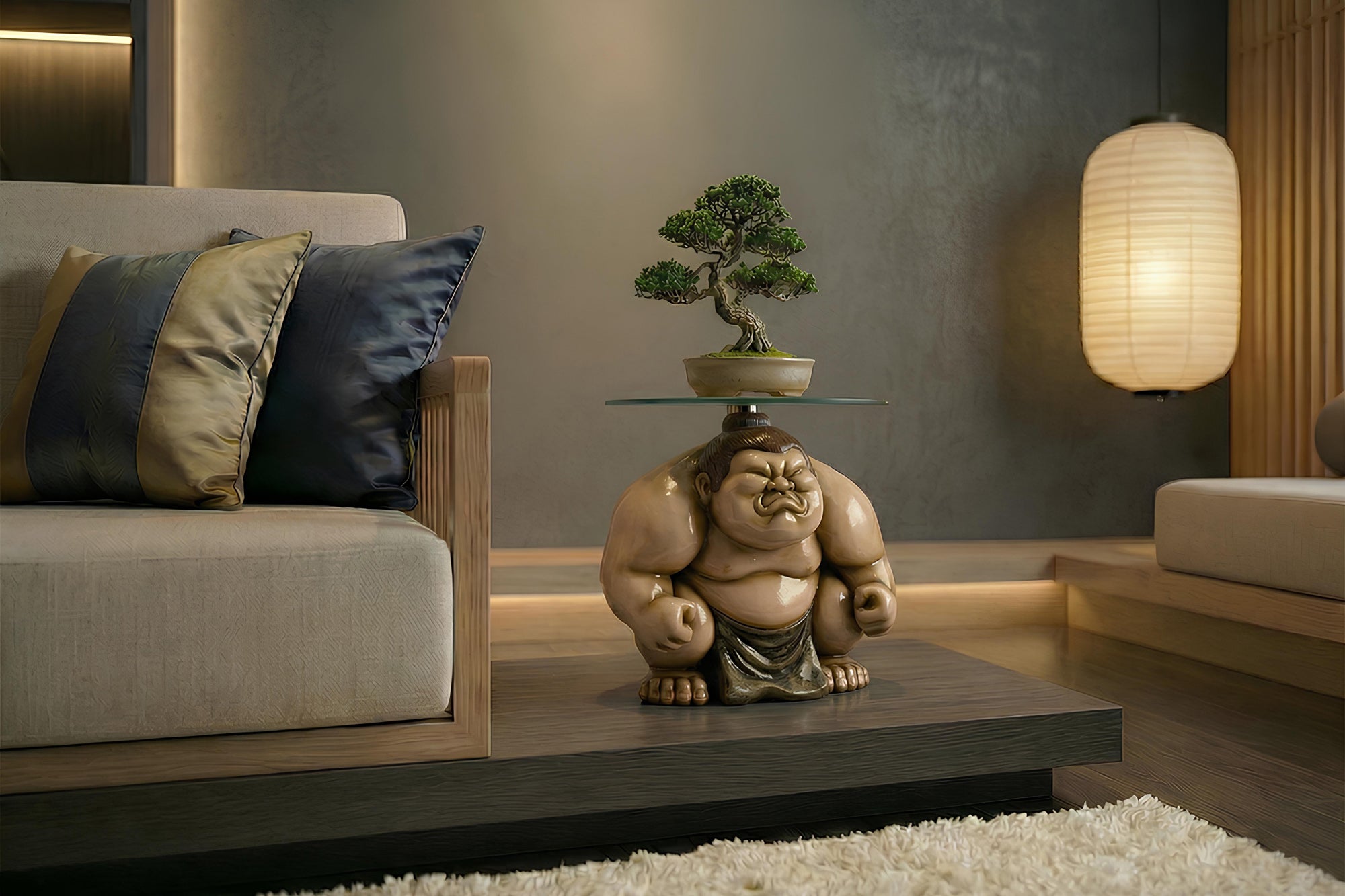 Table d’appoint ronde SUMO 30cm beige naturel sculpture fait main