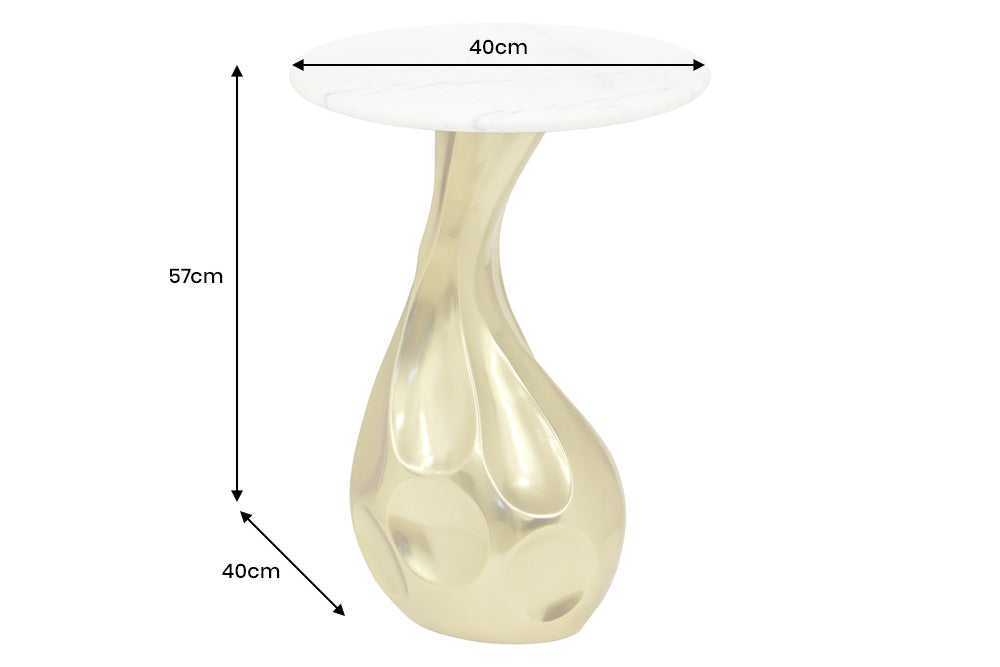 TEAR Mesa auxiliar redonda de 60 cm en oro blanco con tapa de mármol hecha a mano