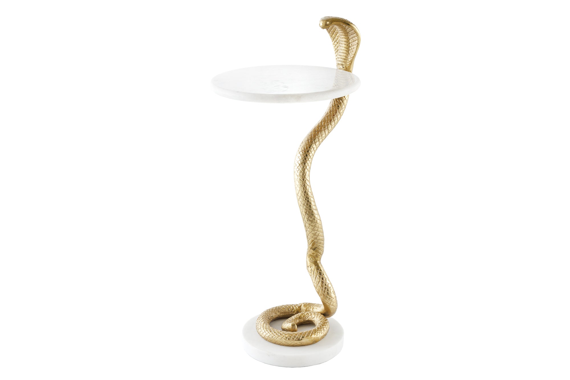 WILDLIFE COBRA Mesa auxiliar redonda de 65cm con escultura de serpiente de mármol blanco dorado hecha a mano