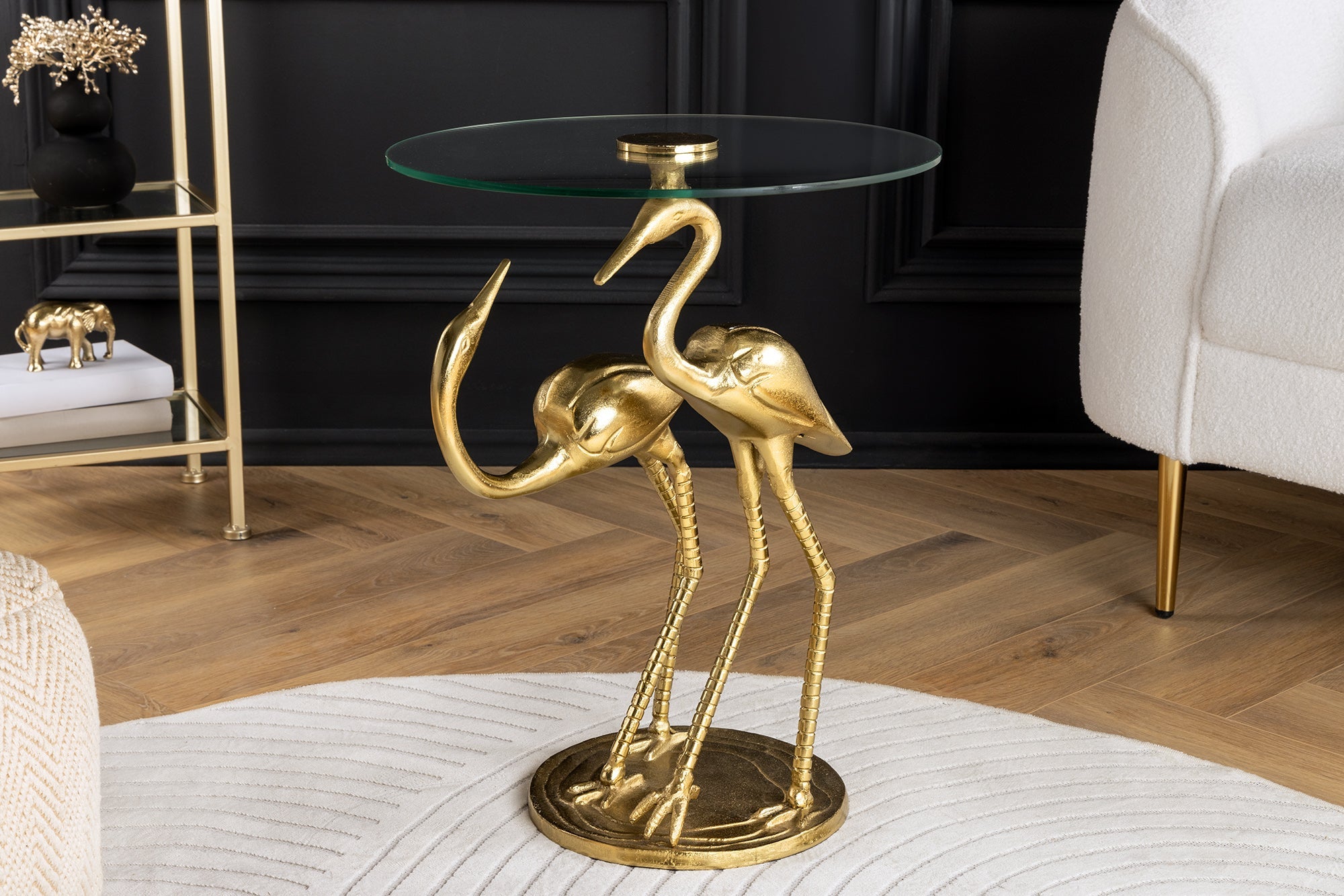 Mesa auxiliar redonda WILDLIFE CRANE 55cm escultura de grulla de cristal dorado hecha a mano