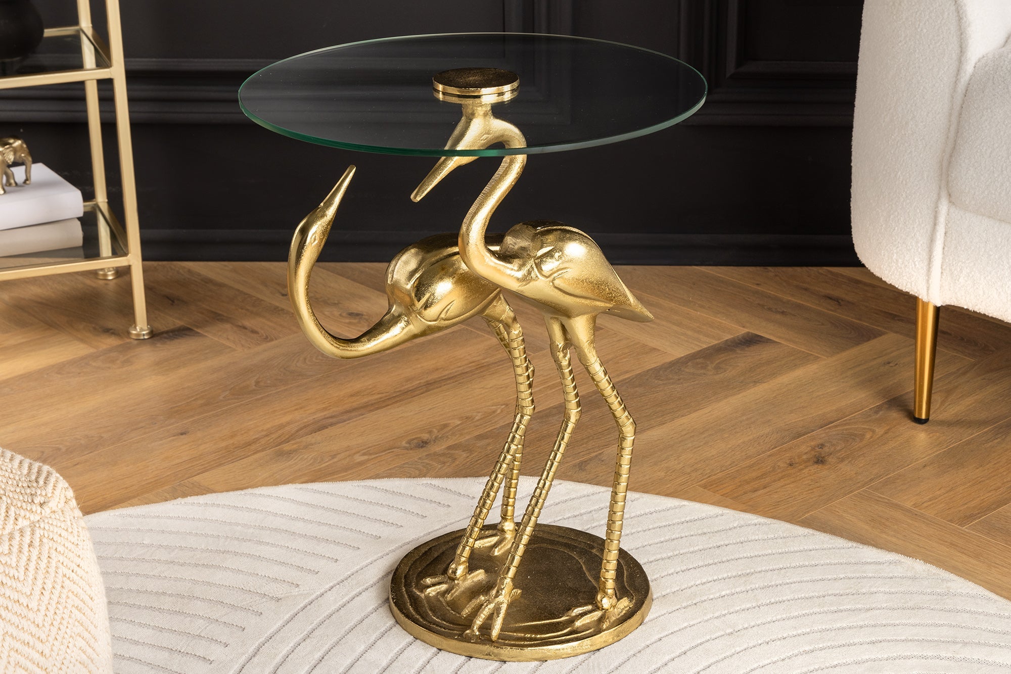Mesa auxiliar redonda WILDLIFE CRANE 55cm escultura de grulla de cristal dorado hecha a mano