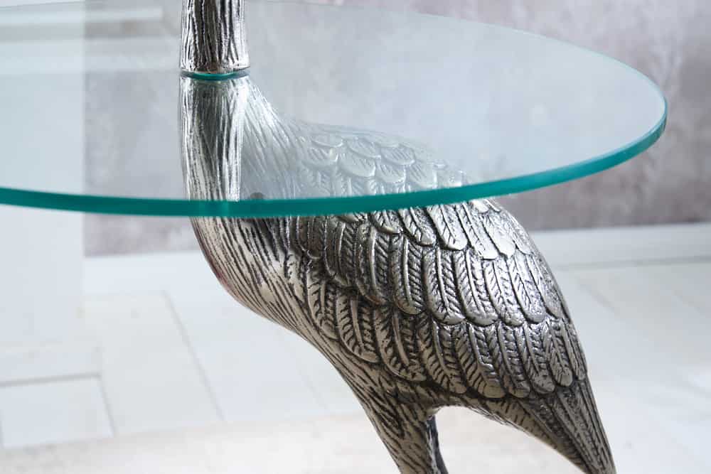 WILDLIFE HERON mesa auxiliar redonda 90cm metal plateado cristal escultura heron hecha a mano