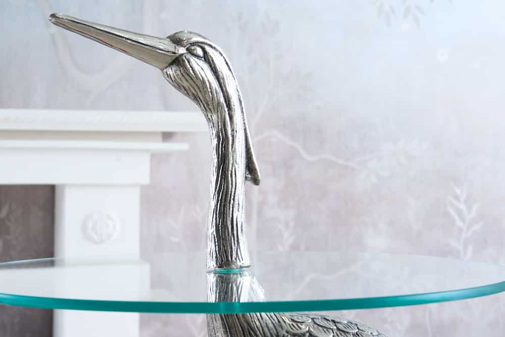 WILDLIFE HERON mesa auxiliar redonda 90cm metal plateado cristal escultura heron hecha a mano