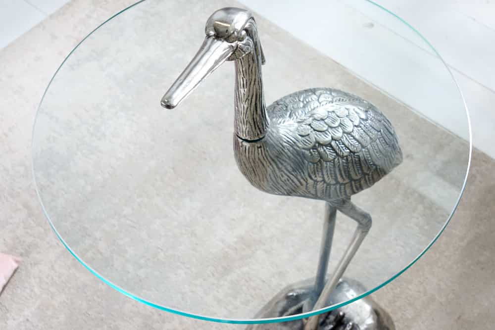 WILDLIFE HERON mesa auxiliar redonda 90cm metal plateado cristal escultura heron hecha a mano