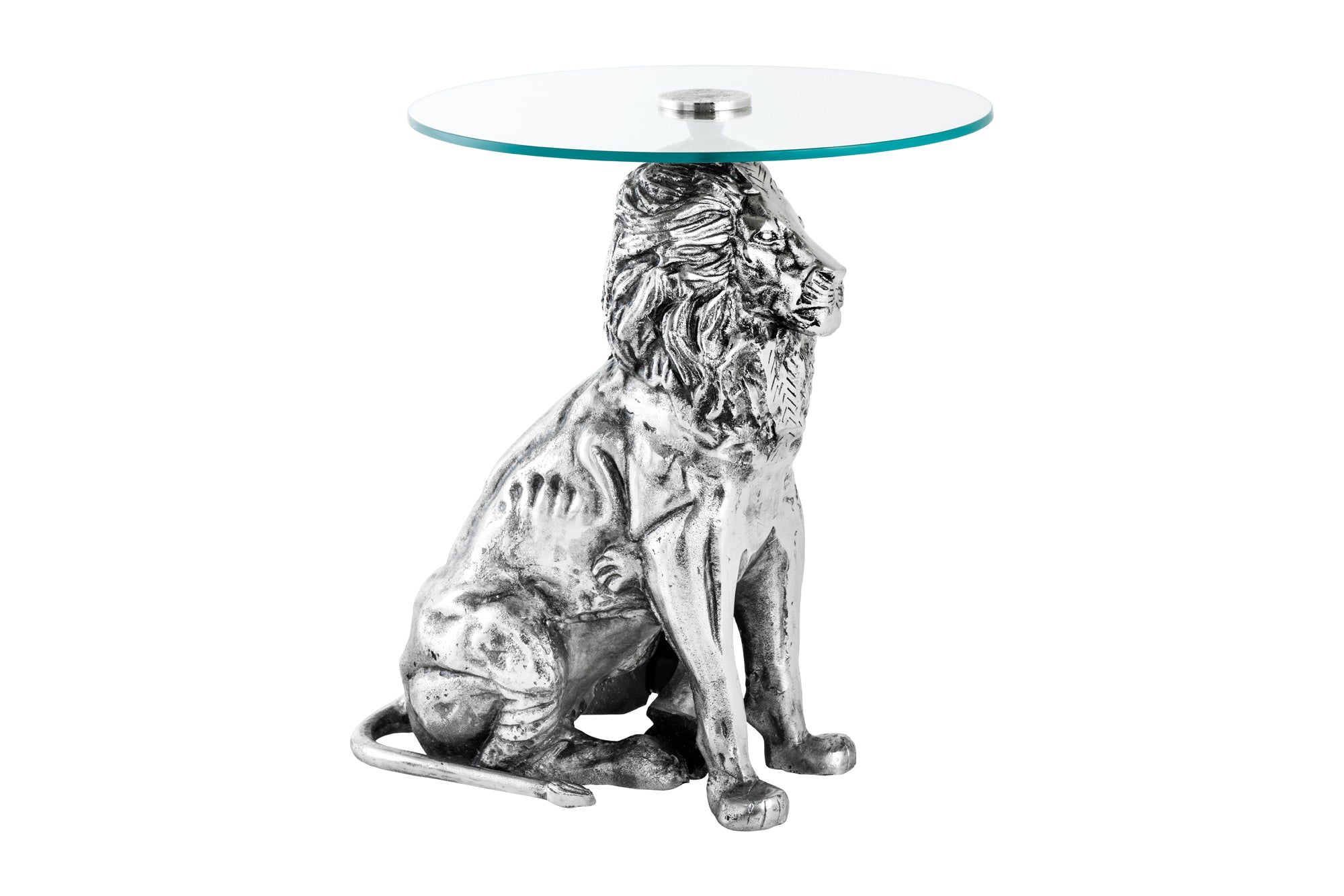 WILDLIFE LION mesa auxiliar redonda 60cm escultura león de cristal metal plateado antiguo