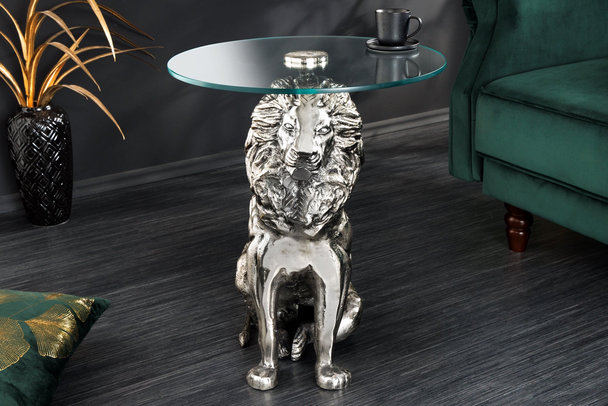 WILDLIFE LION mesa auxiliar redonda 60cm escultura león de cristal metal plateado antiguo