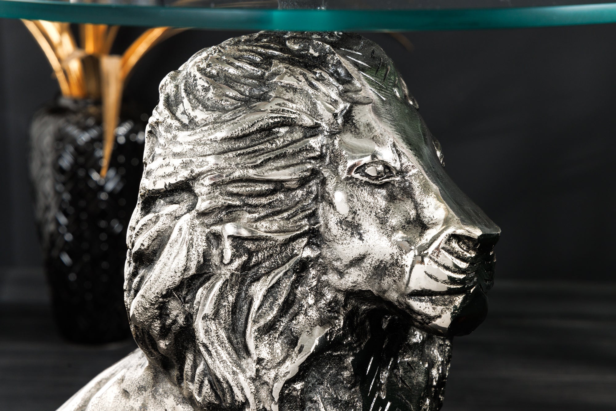 WILDLIFE LION mesa auxiliar redonda 60cm escultura león de cristal metal plateado antiguo