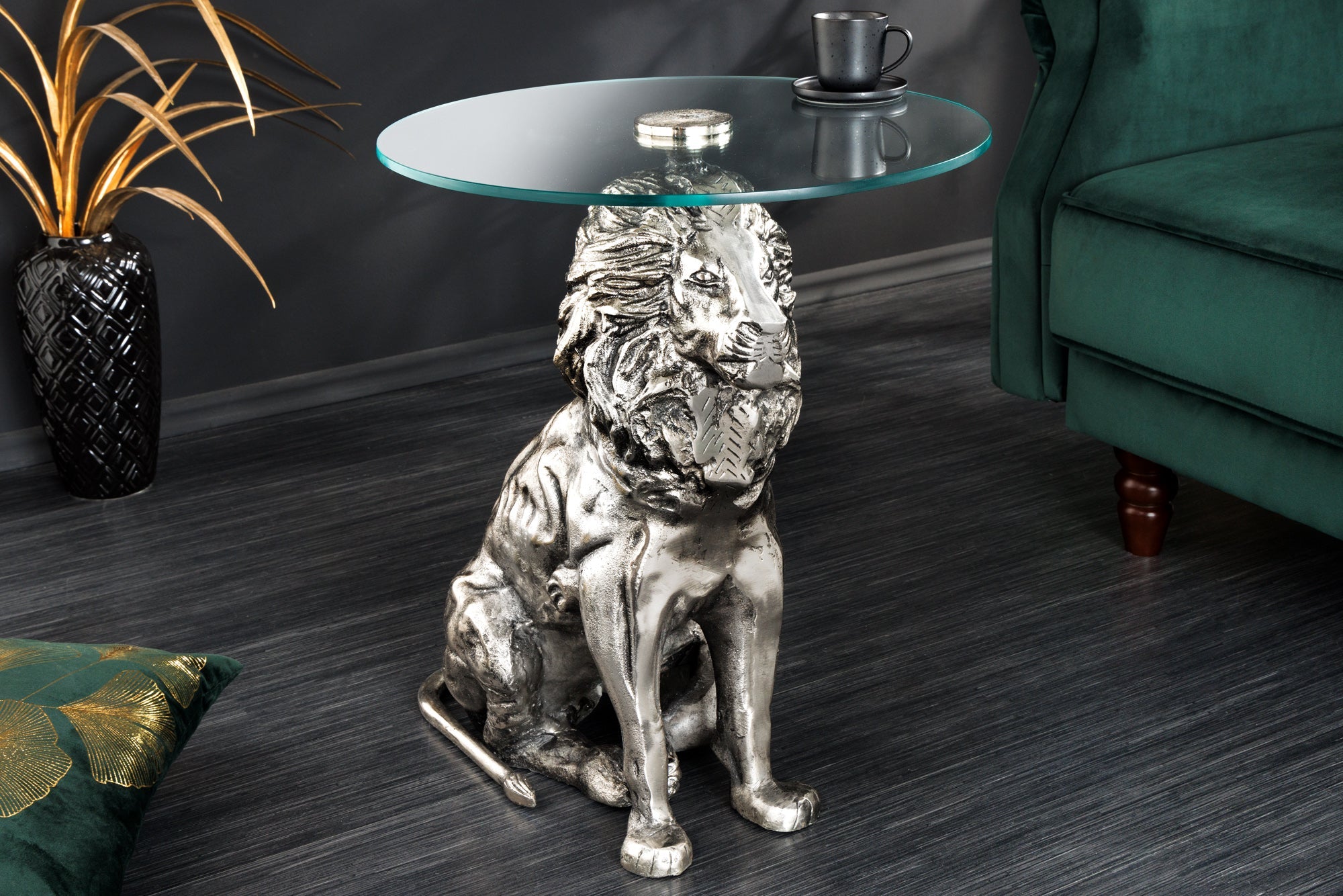 WILDLIFE LION mesa auxiliar redonda 60cm escultura león de cristal metal plateado antiguo