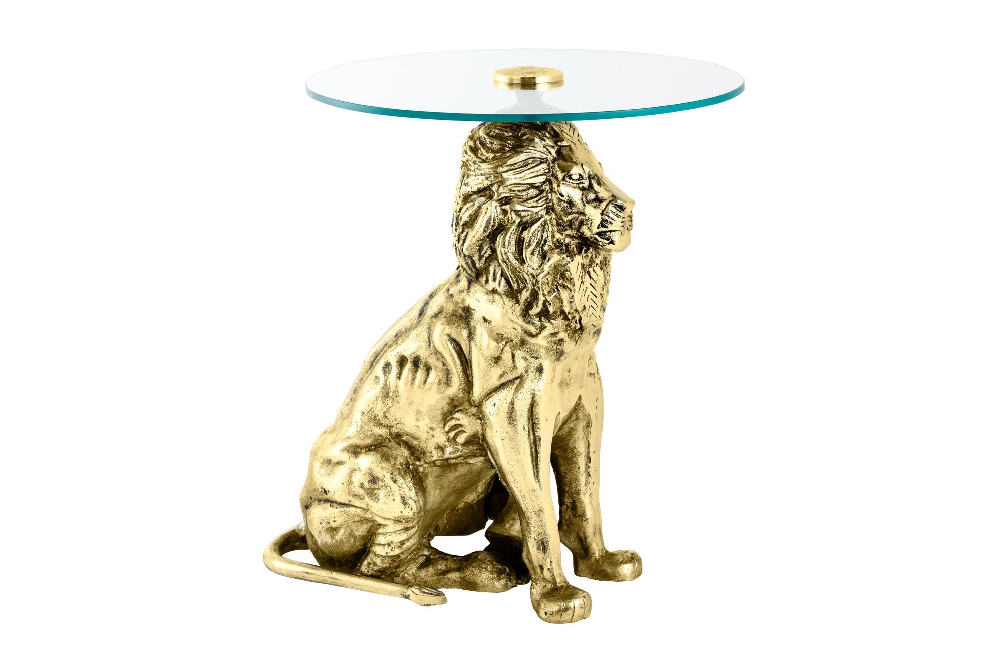 WILDLIFE LION mesa auxiliar redonda 60cm escultura de león en metal dorado antiguo y cristal