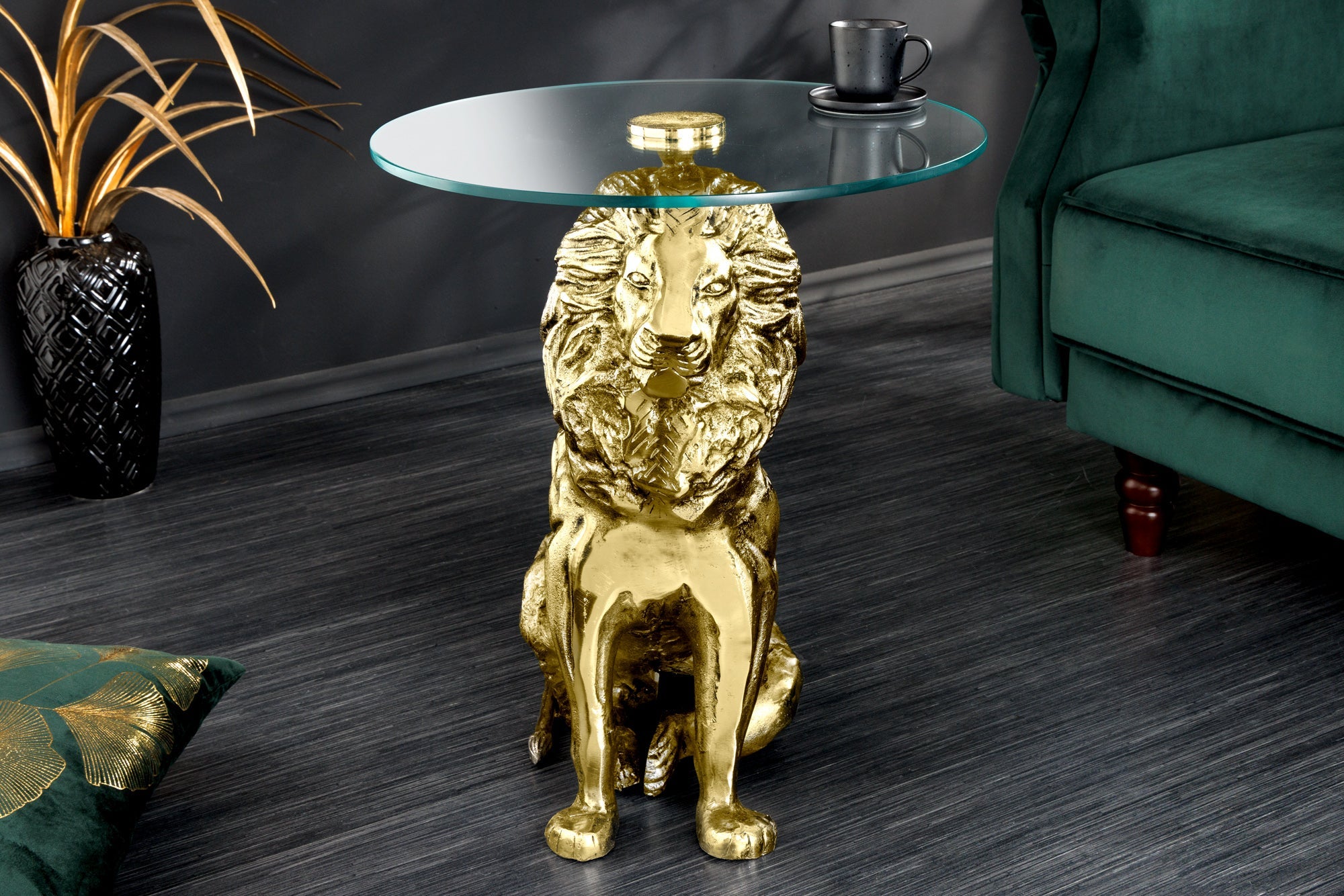 WILDLIFE LION mesa auxiliar redonda 60cm escultura de león en metal dorado antiguo y cristal