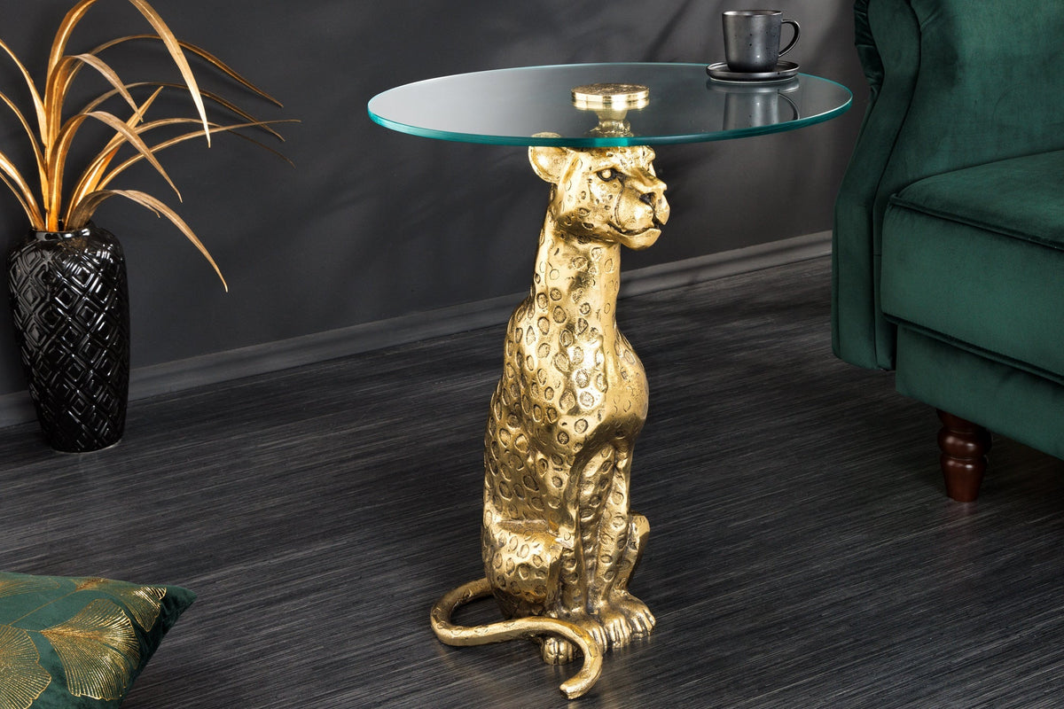 Table d’appoint ronde WILDLIFE PANTHER 60cm sculpture en verre métal doré antique fait main