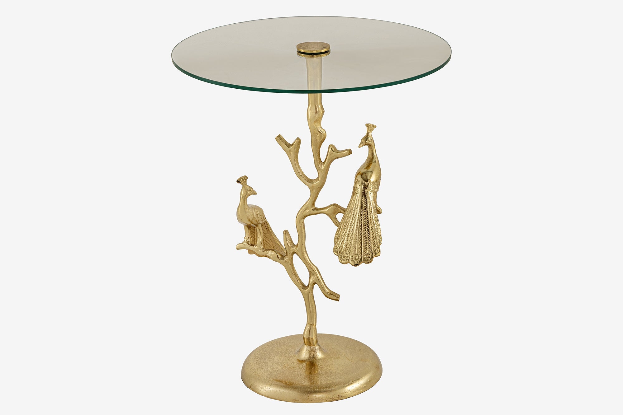 WILDLIFE PEACOCK Mesa auxiliar redonda de 60 cm con tapa de cristal dorado y escultura de pavo real de metal