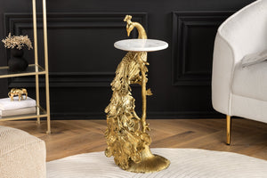 Table d'appoint ronde WILDLIFE PEACOCK 75cm or antique métal blanc marbre sculpture paon