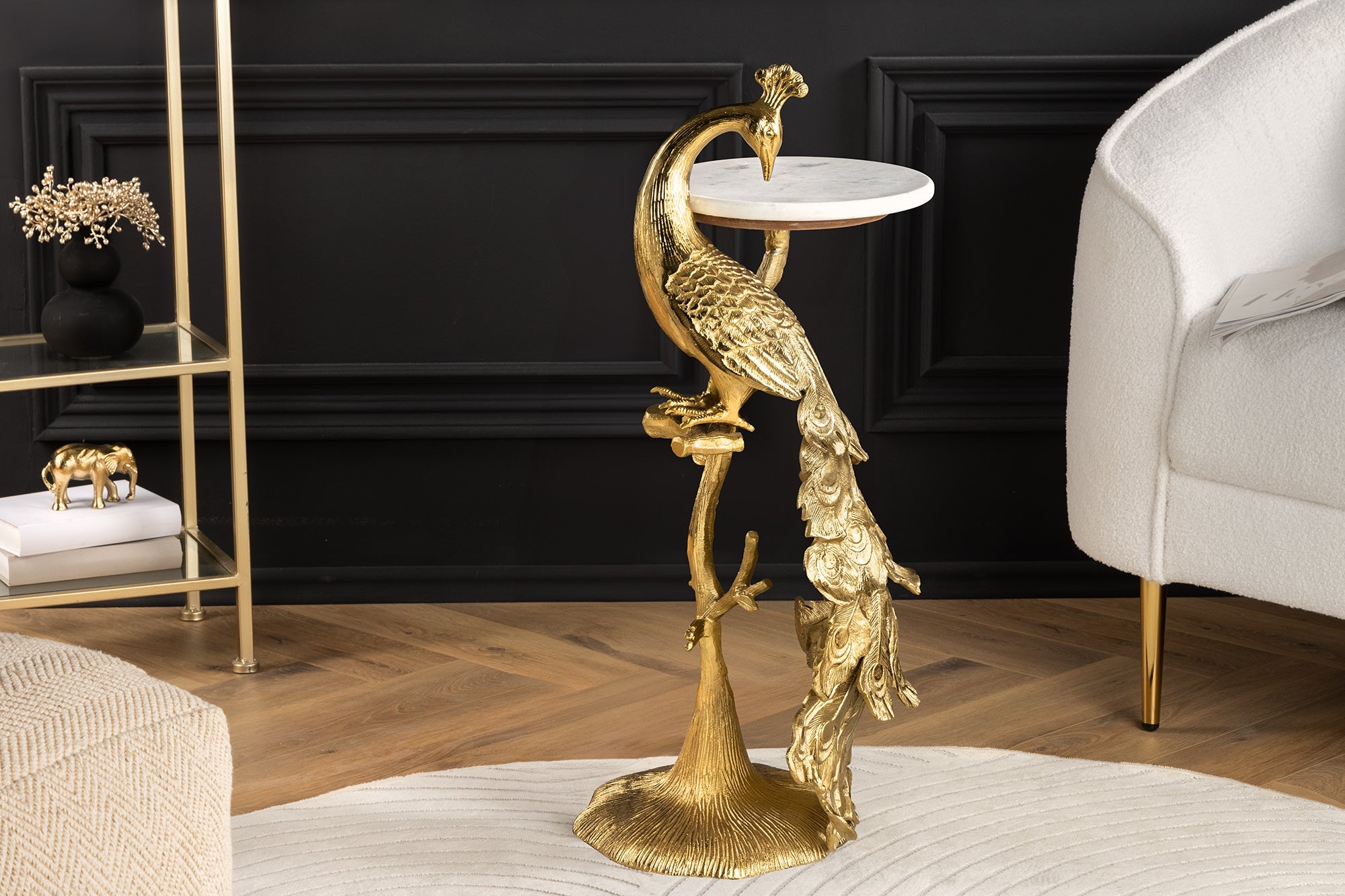 WILDLIFE PEACOCK mesa auxiliar redonda 75cm metal dorado antiguo marmol blanco escultura pavo real