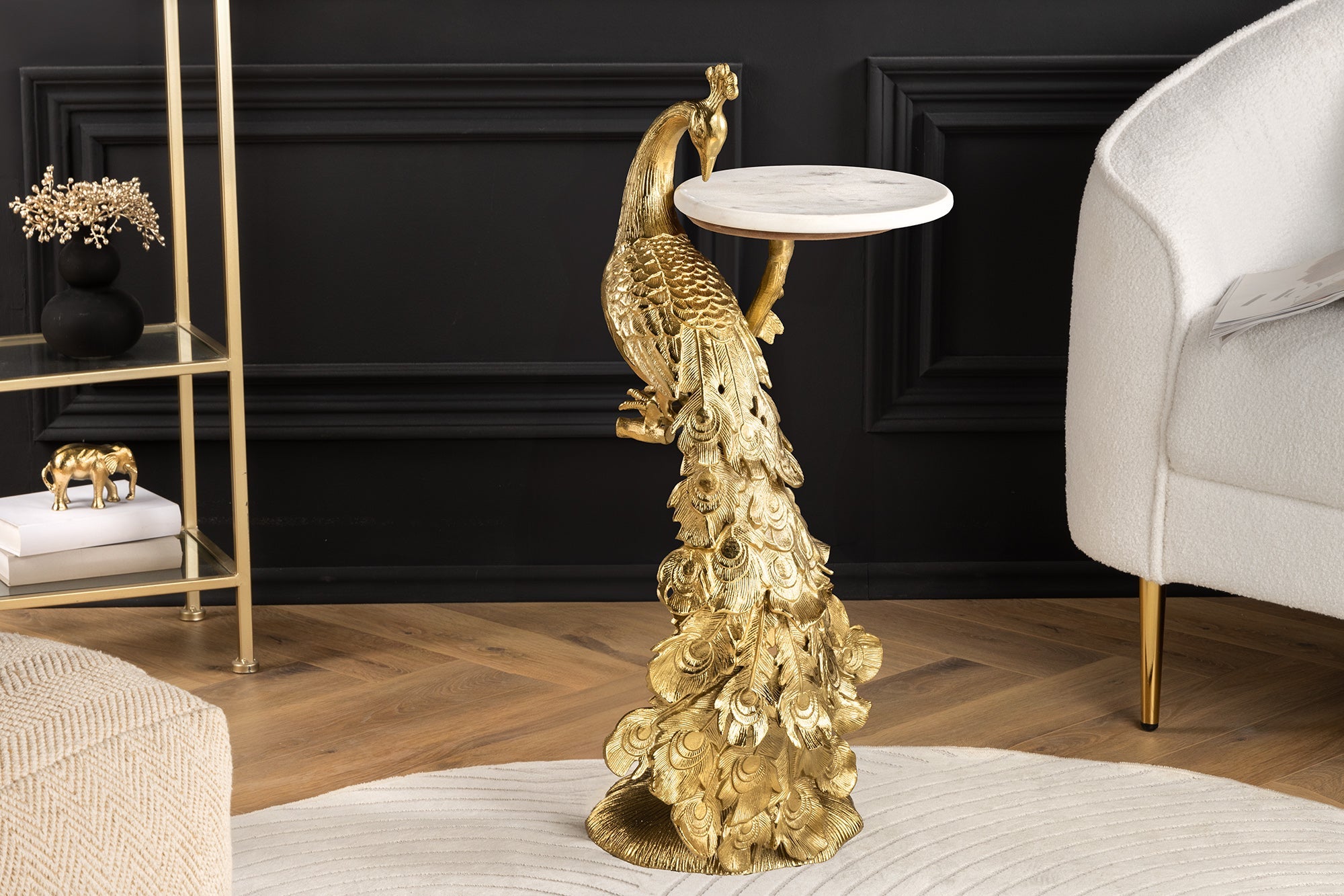 WILDLIFE PEACOCK mesa auxiliar redonda 75cm metal dorado antiguo marmol blanco escultura pavo real