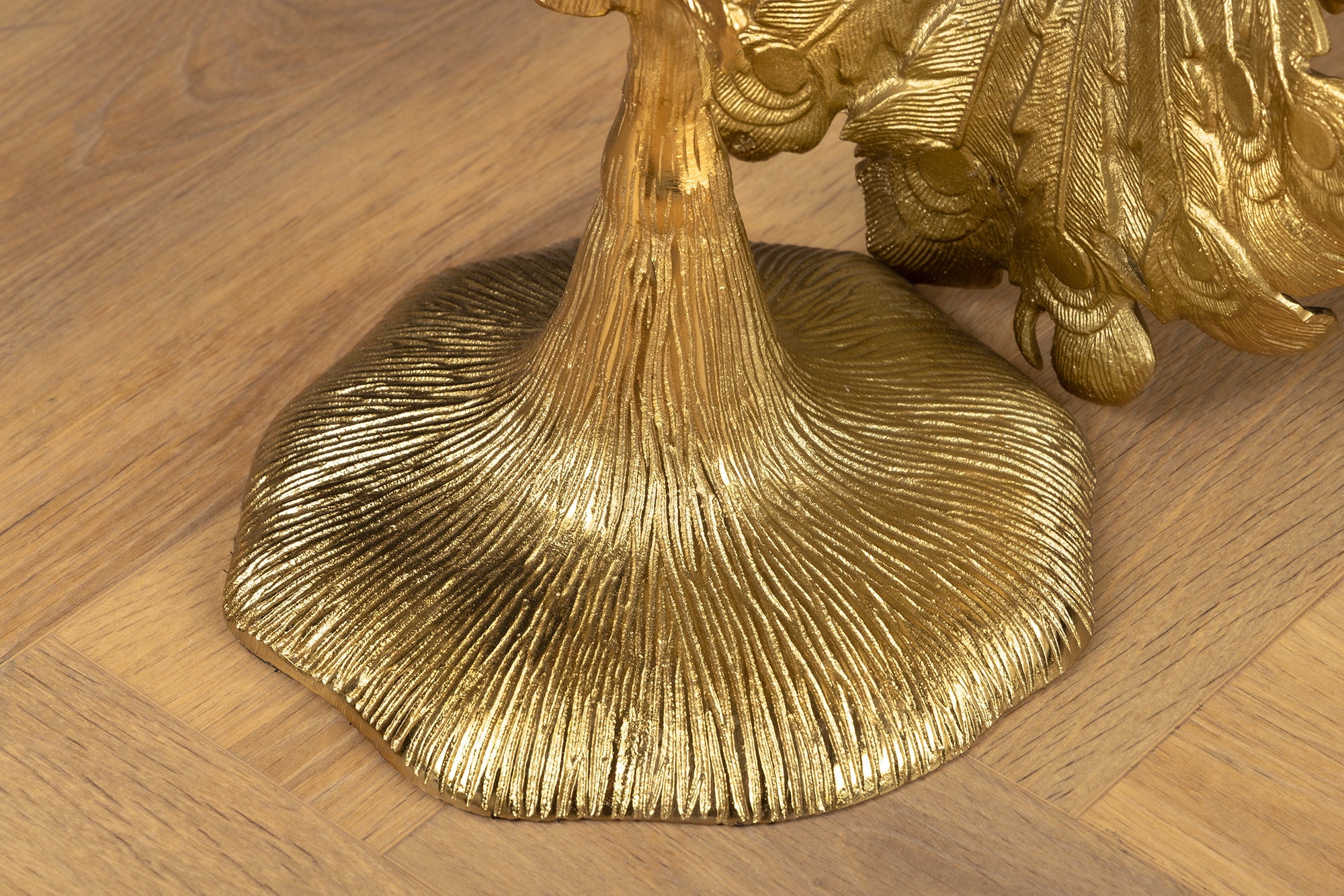 WILDLIFE PEACOCK mesa auxiliar redonda 75cm metal dorado antiguo marmol blanco escultura pavo real