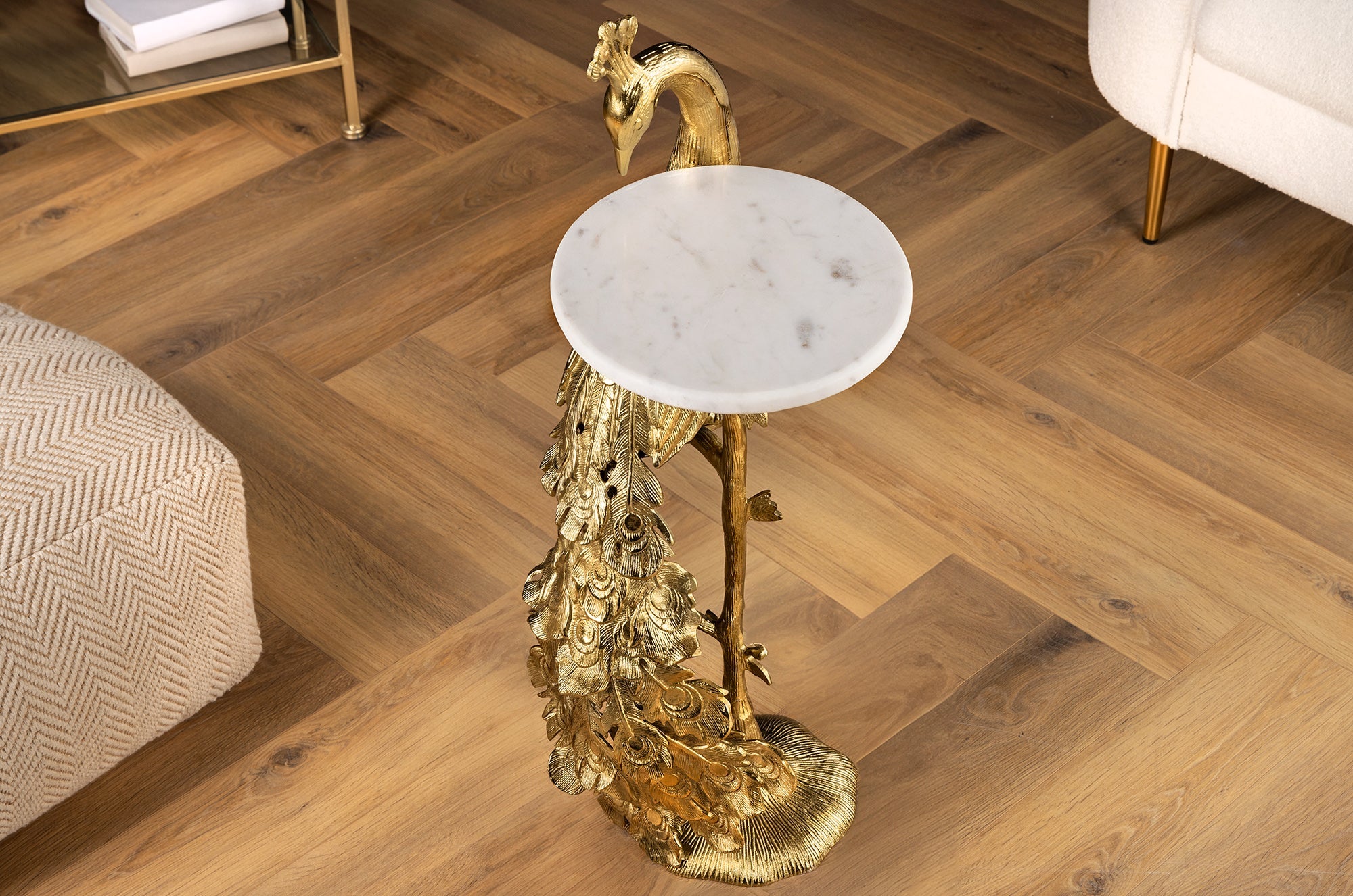 WILDLIFE PEACOCK mesa auxiliar redonda 75cm metal dorado antiguo marmol blanco escultura pavo real