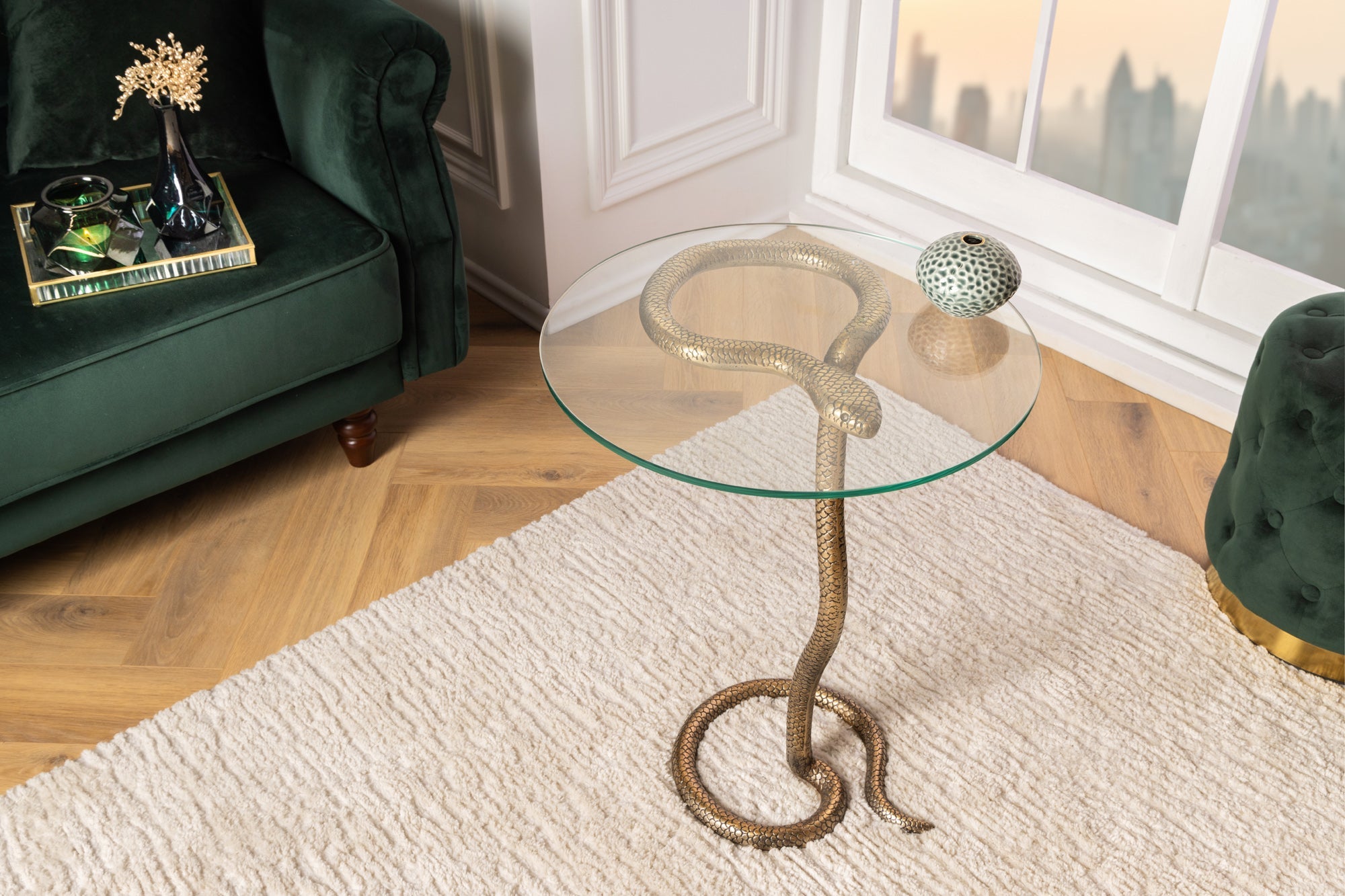 WILDLIFE SNAKE mesa auxiliar redonda 65cm cobre metal antiguo vidrio hecho a mano