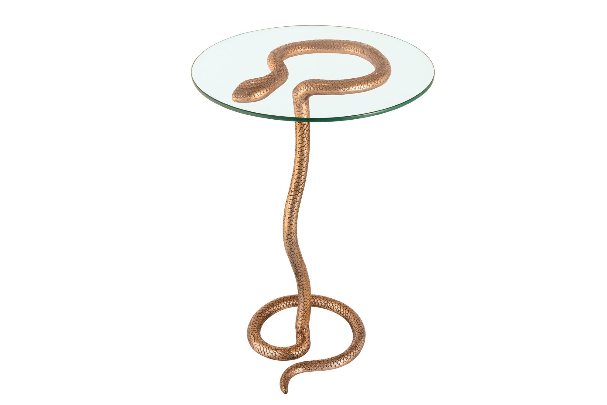 WILDLIFE SNAKE mesa auxiliar redonda 65cm cobre metal antiguo vidrio hecho a mano
