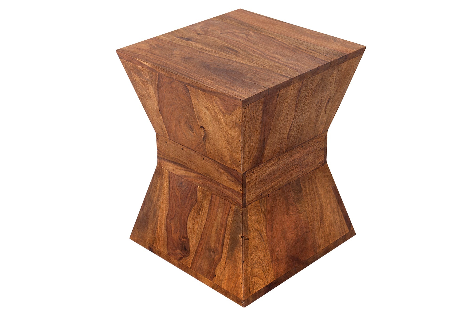 PYRAMID Mesa auxiliar de 35 cm de madera maciza de sheesham marrón con taburete acabado veteado de piedra