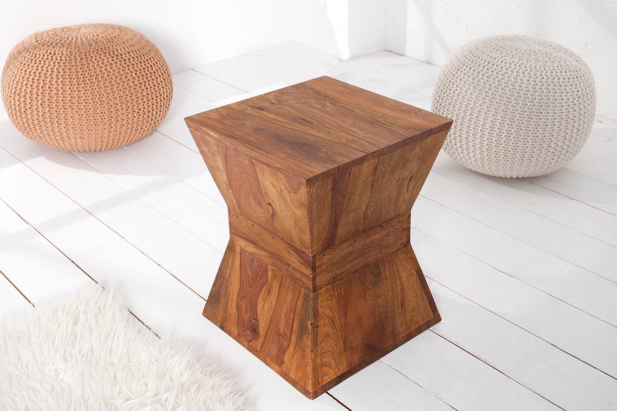 PYRAMID Mesa auxiliar de 35 cm de madera maciza de sheesham marrón con taburete acabado veteado de piedra