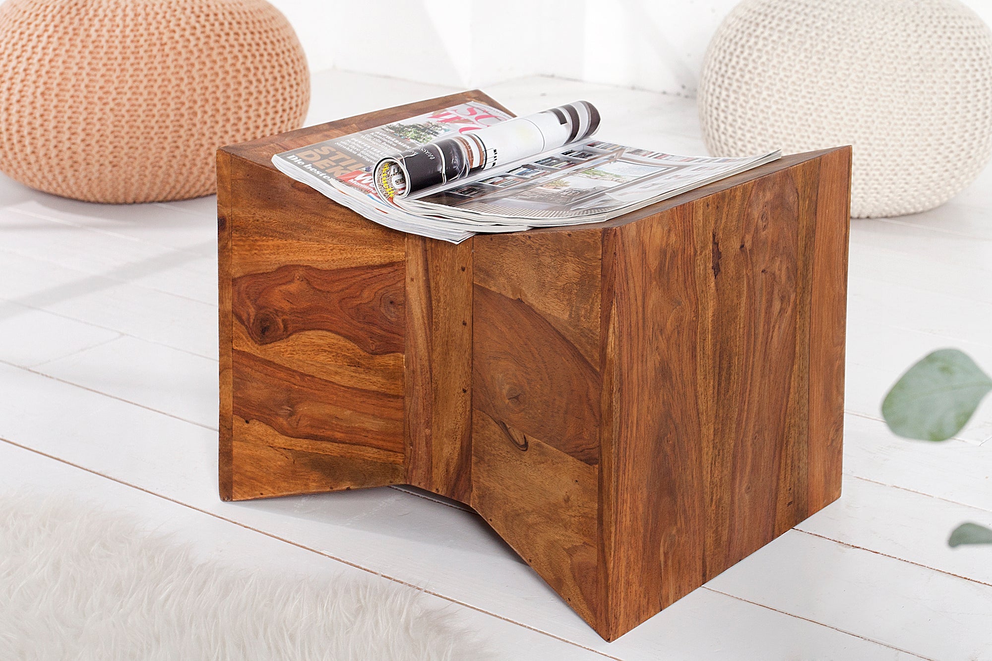 PYRAMID Mesa auxiliar de 35 cm de madera maciza de sheesham marrón con taburete acabado veteado de piedra