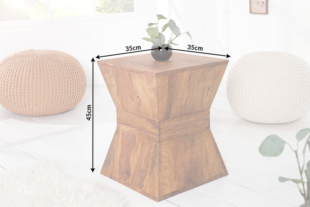 PYRAMID Mesa auxiliar de 35 cm de madera maciza de sheesham marrón con taburete acabado veteado de piedra
