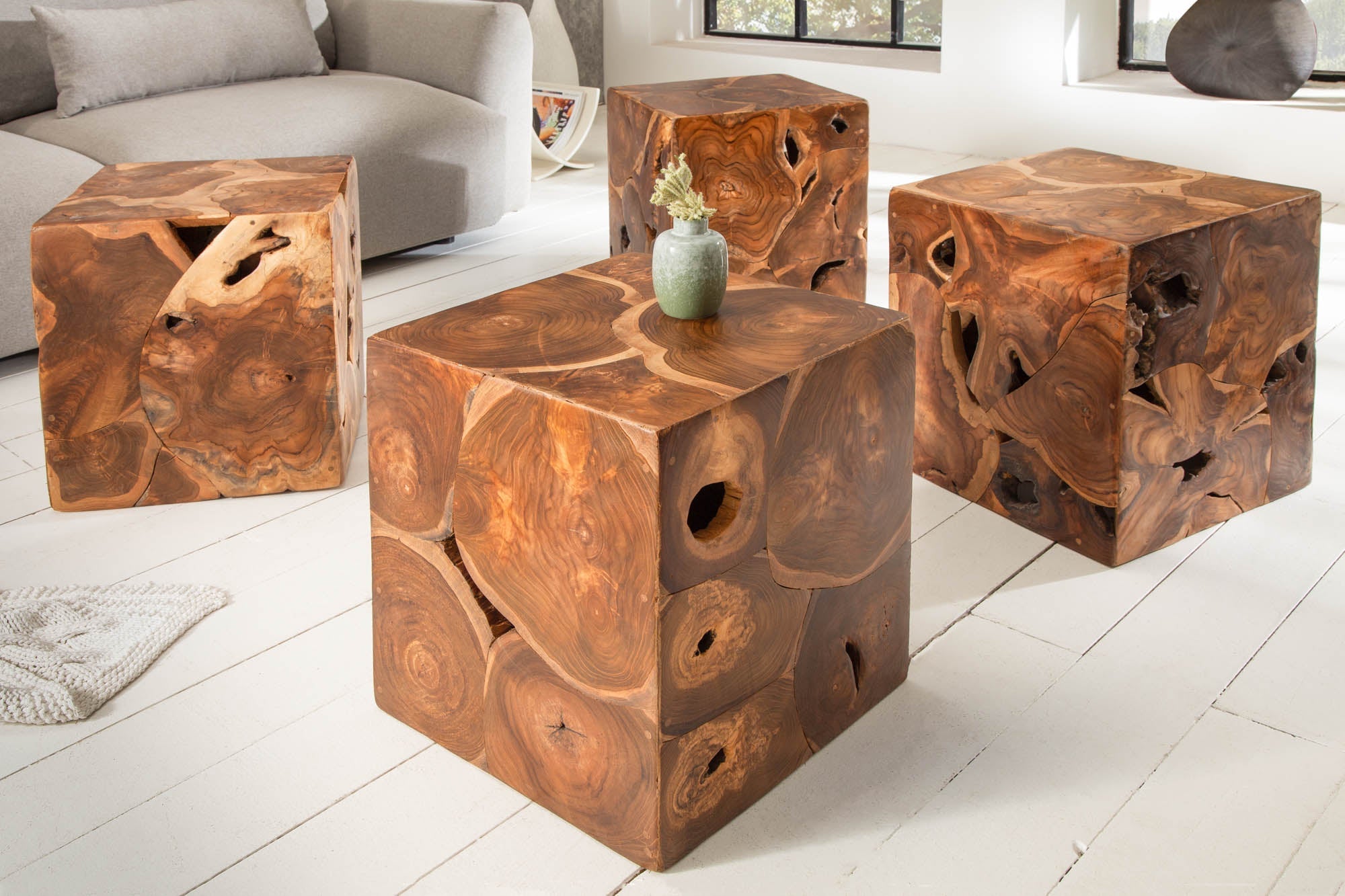 SQUARE Mesa auxiliar de teca maciza 40cm Taburete cubo