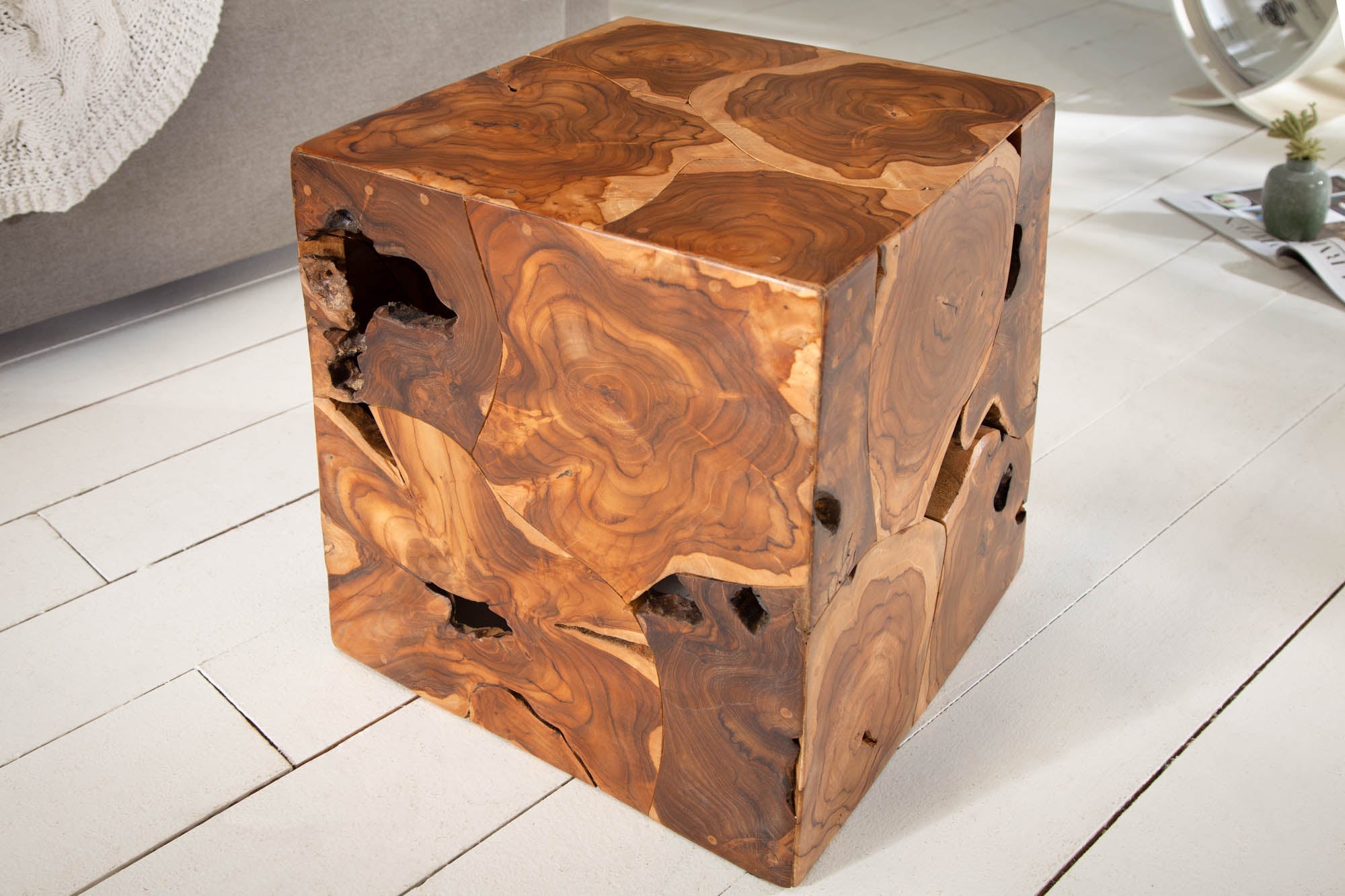 SQUARE Mesa auxiliar de teca maciza 40cm Taburete cubo