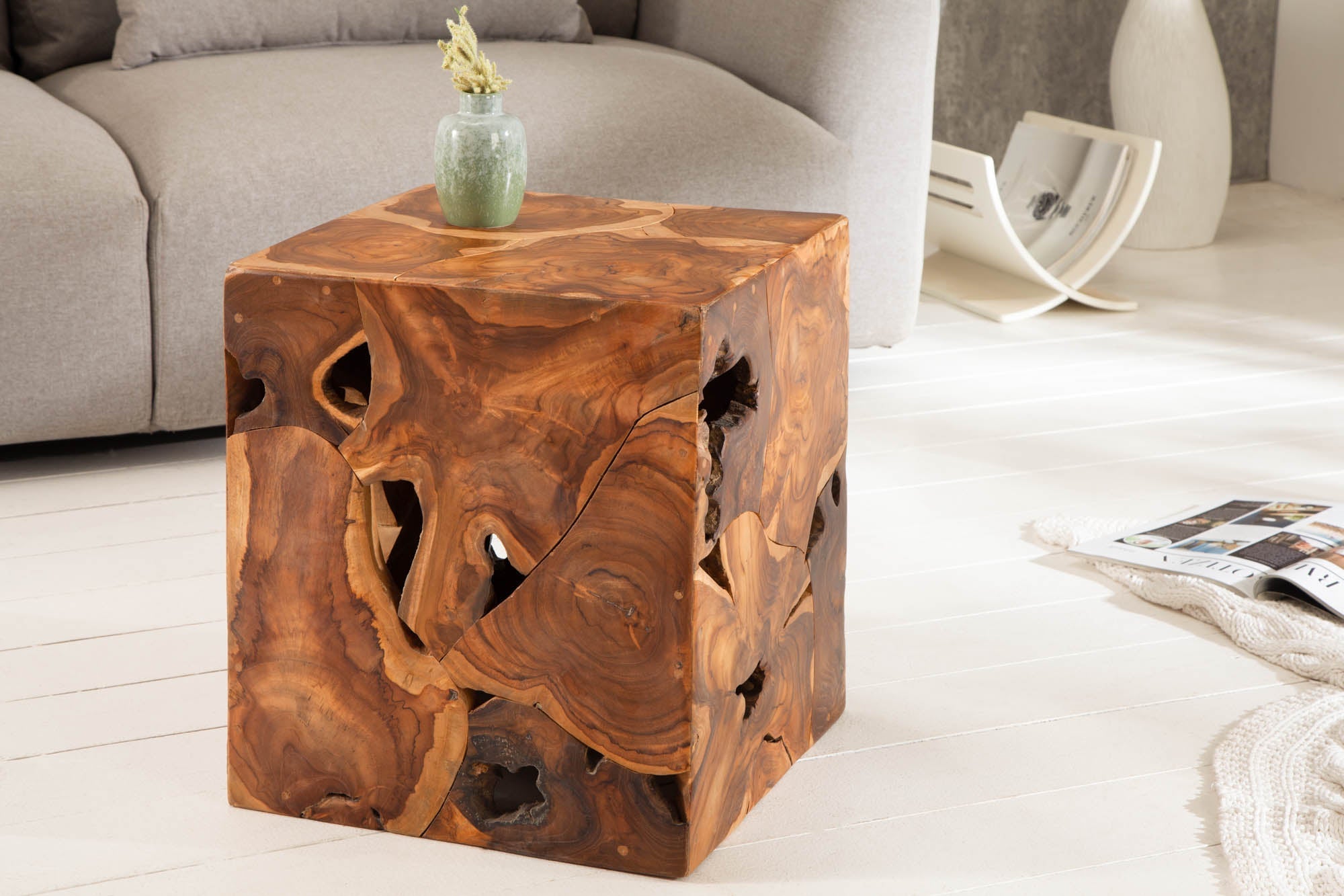 SQUARE Mesa auxiliar de teca maciza 40cm Taburete cubo