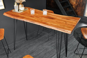 Table de bar en bois massif MAMMUT 140cm acacia naturel bord métal pieds épingle noir