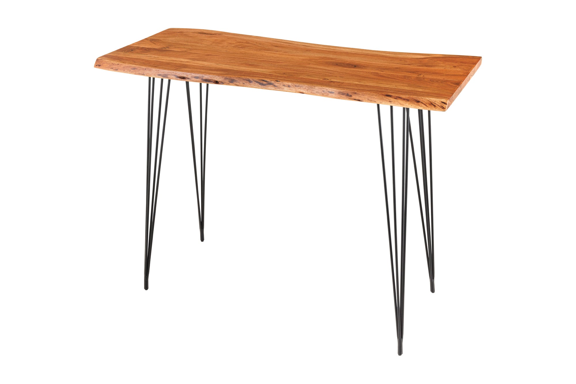 Table de bar en bois massif MAMMUT 140cm acacia naturel bord métal pieds épingle noir