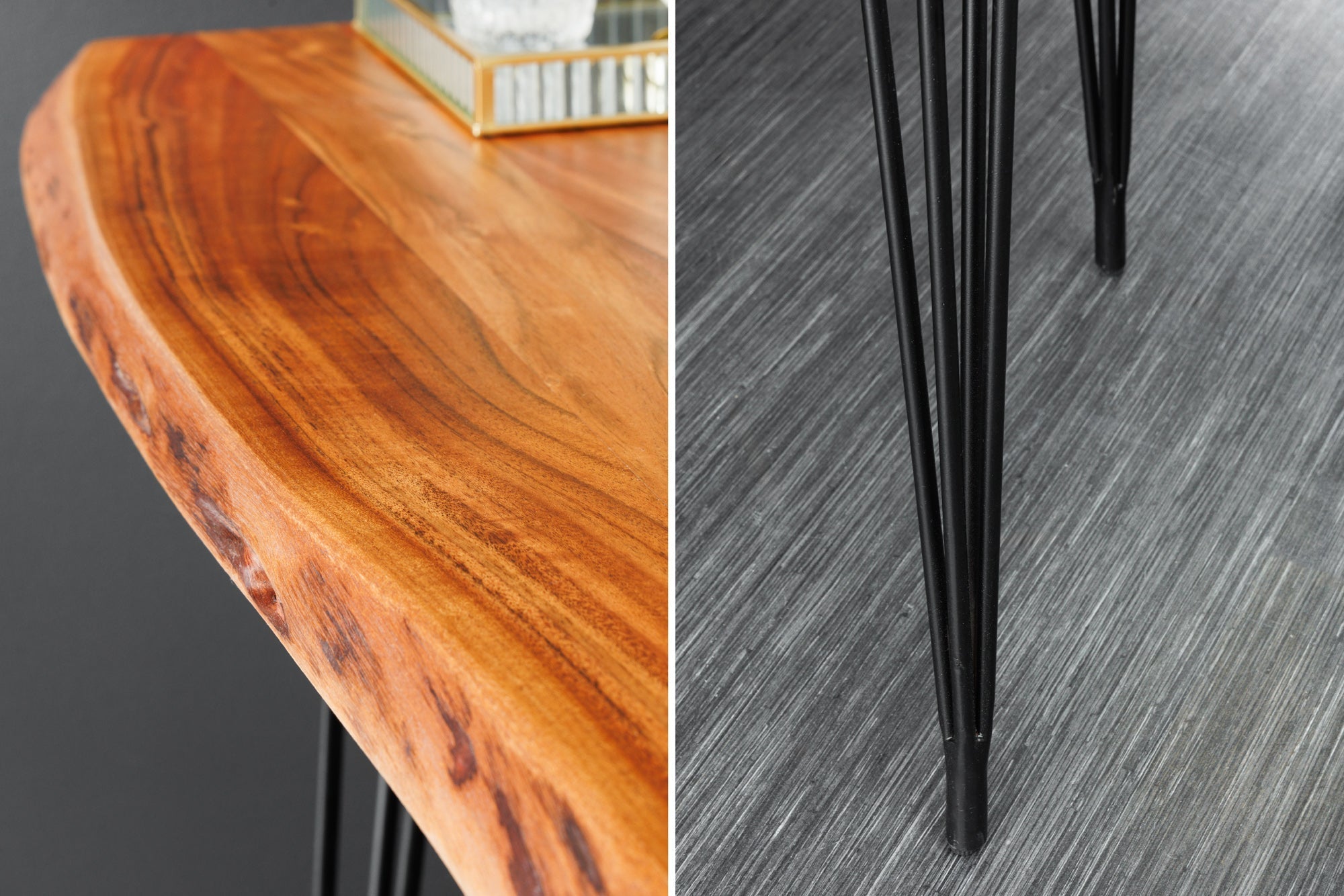Table de bar en bois massif MAMMUT 140cm acacia naturel bord métal pieds épingle noir